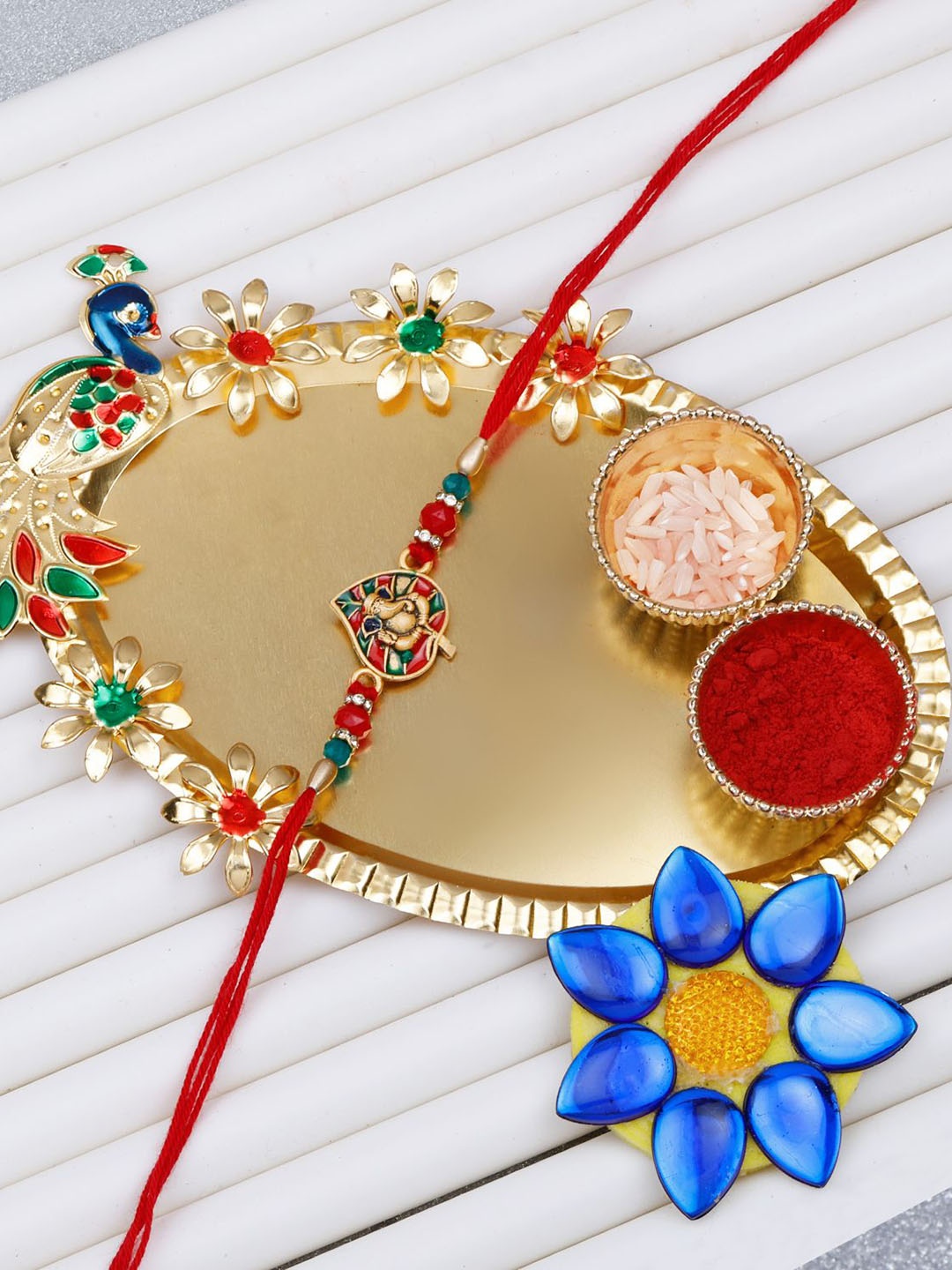 

Silver Shine Set of 2 Lord Ganesh Rakhi With With Roli Chawal Greeting Card & Pooja Thali, Gold