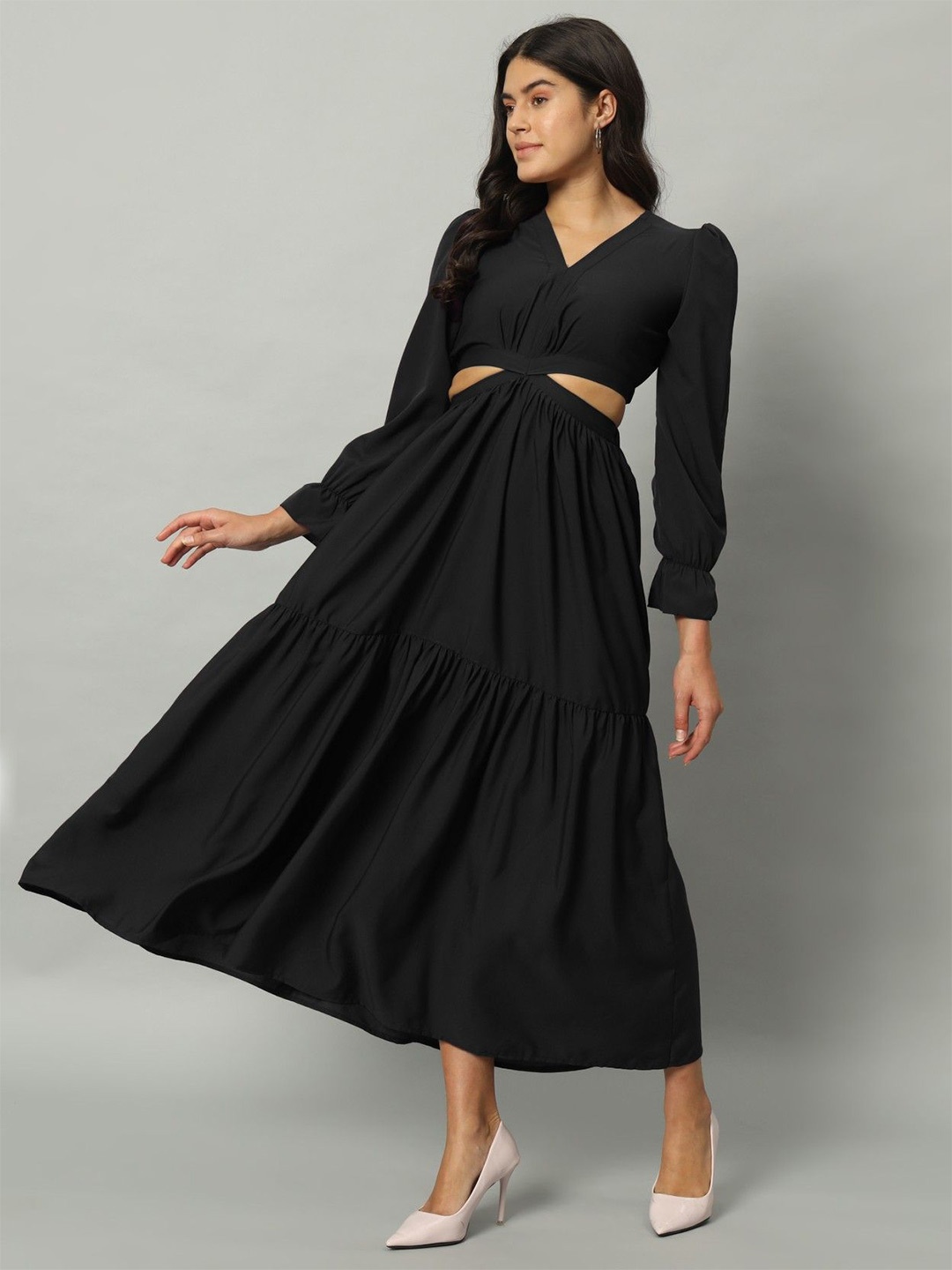 

Femvy Applique Solid Fit and Flare Dress, Black