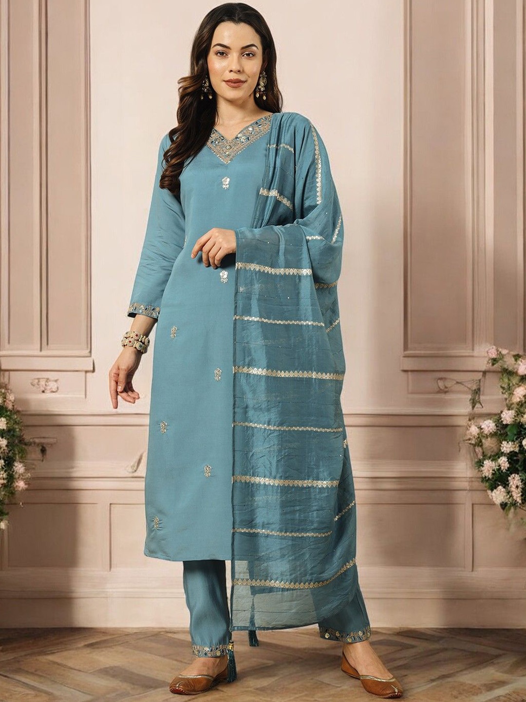 

MORLY Floral Embroidered Raw Silk Straight Kurta with Trousers & Dupatta, Turquoise blue