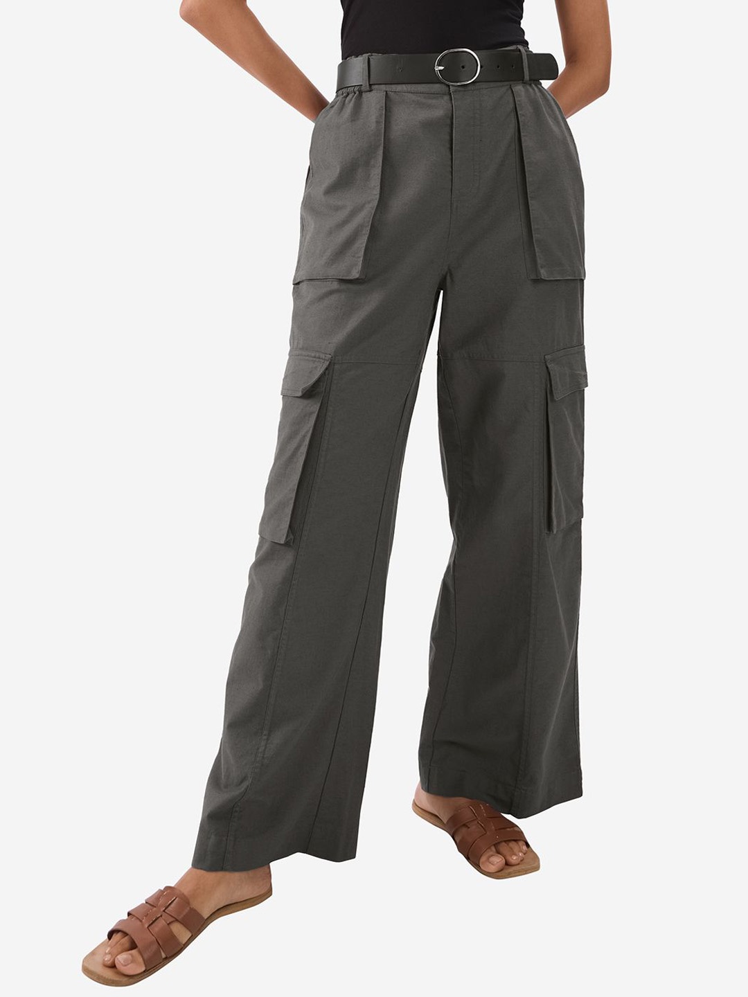 

The Souled Store Women Straight Fit Cargos Trousers, Charcoal