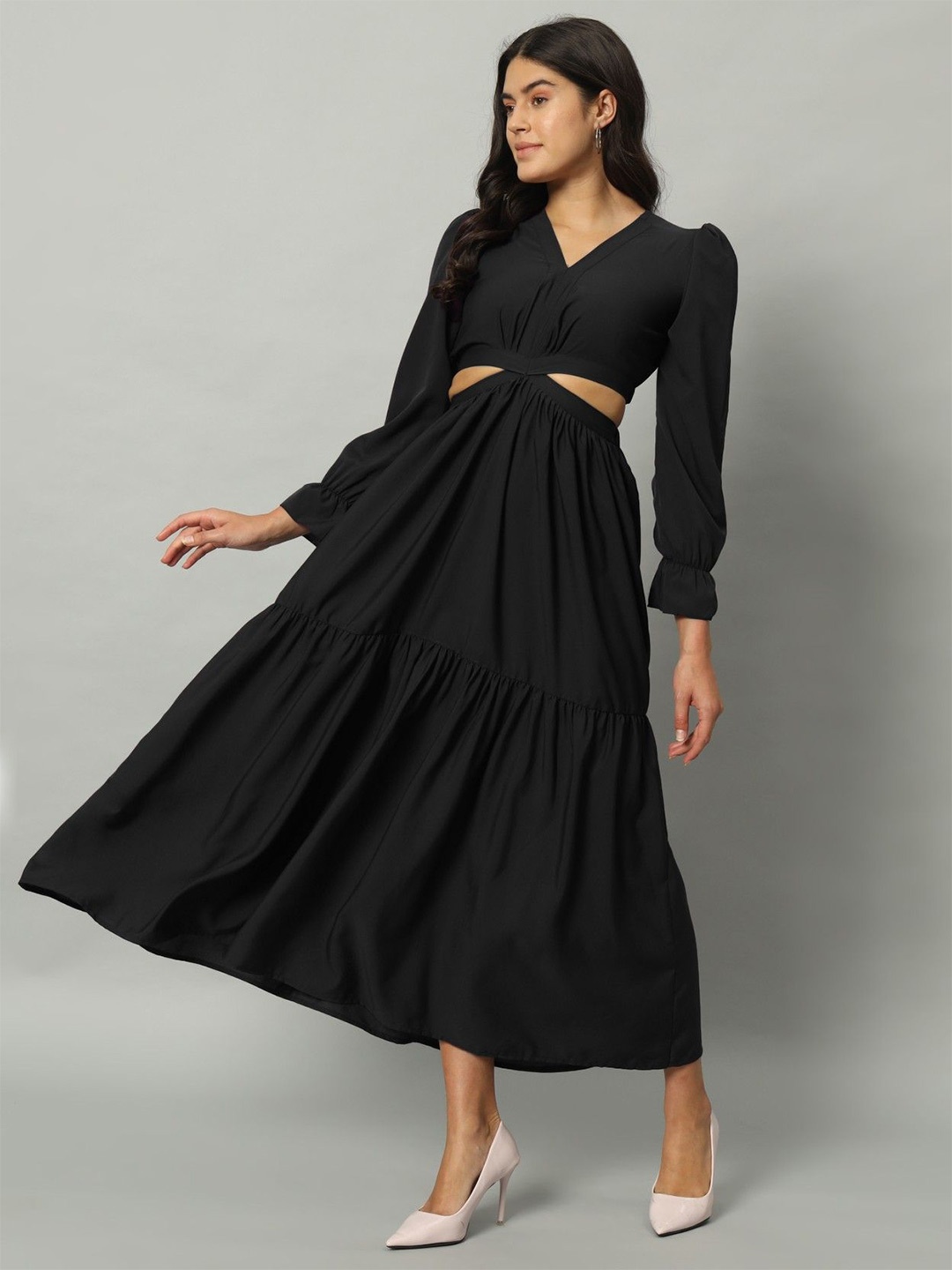 

Femvy Women Puff Sleeve Maxi Fit and Flare Dress, Black