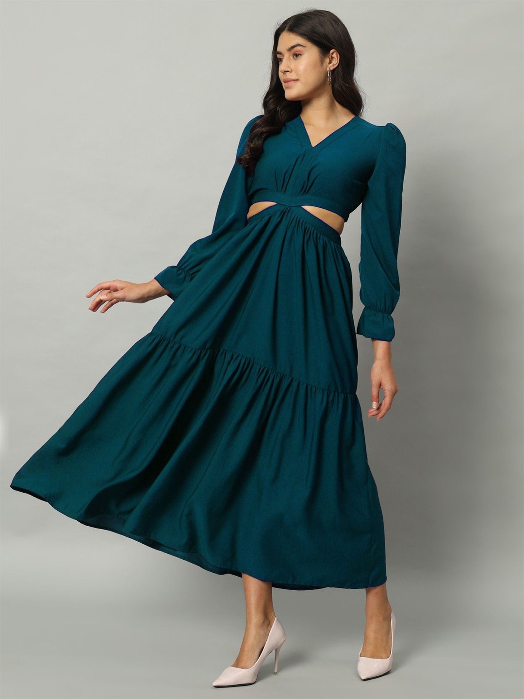 

Femvy Solid Puff Sleeve Cut-Outs Maxi Dress, Blue