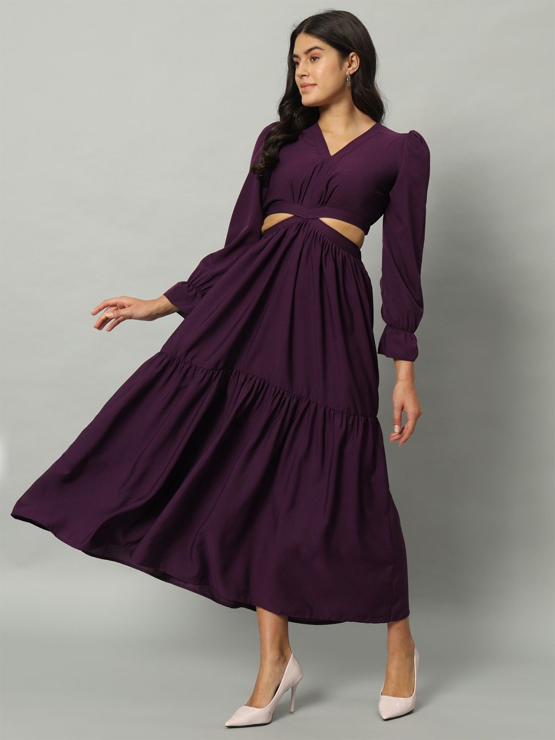

Femvy Women Cut-Outs Details Tiered Fit & Flare Maxi Dress, Magenta