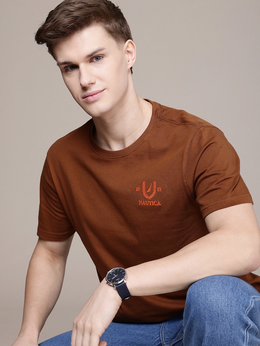 

Nautica Pure Cotton Brand Logo Embroidered T-shirt, Brown