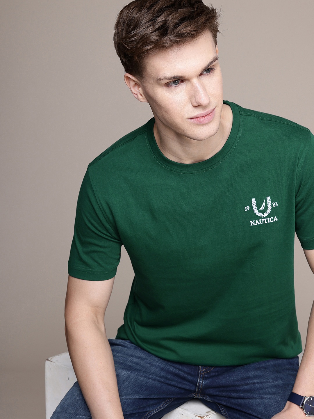 

Nautica Pure Cotton Brand Logo Embroidered T-shirt, Green