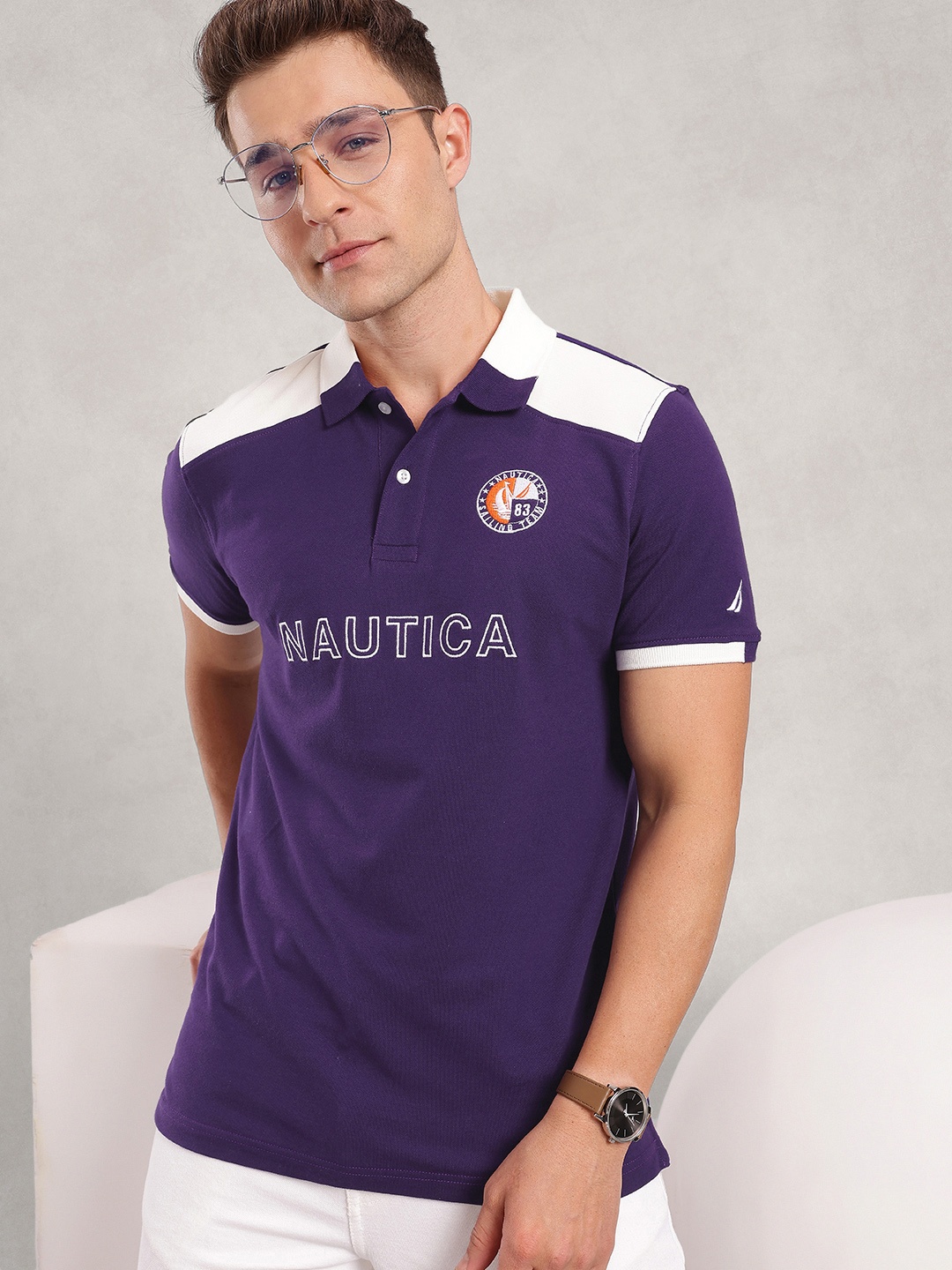 

Nautica Brand Logo Embroidered Polo Collar T-shirt, Violet