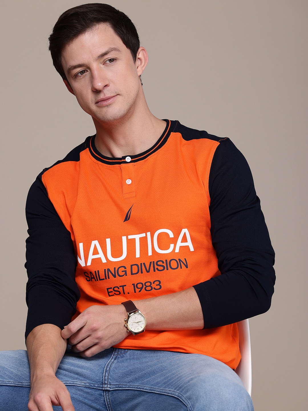 

Nautica Brand Logo Printed Henley Neck Pure Cotton T-shirt, Orange