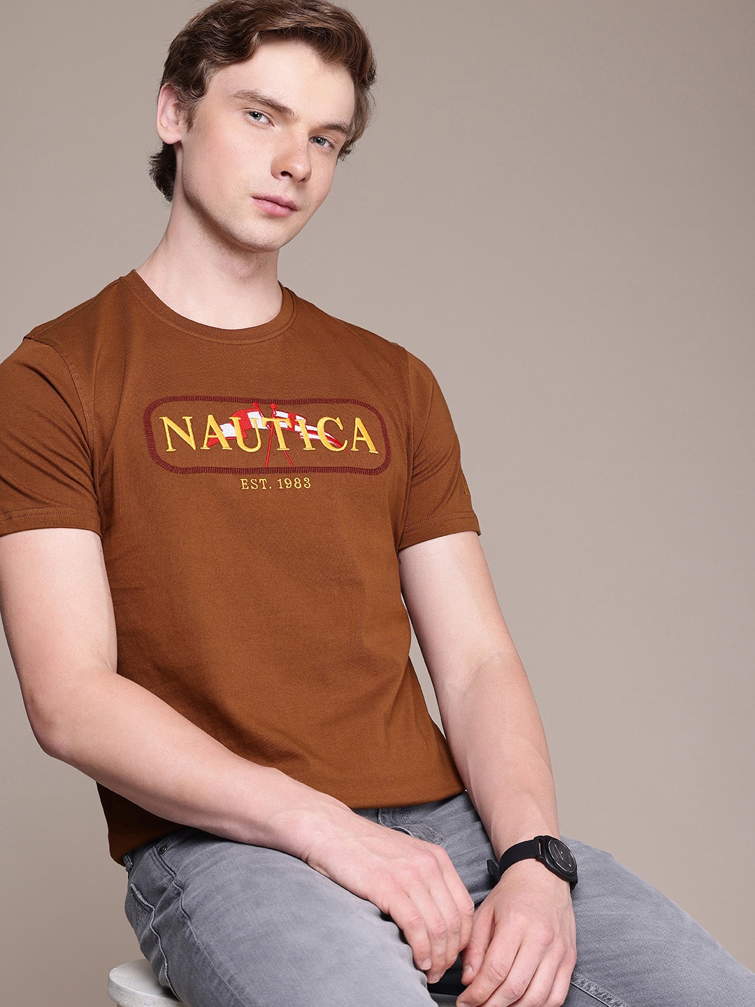 

Nautica Brand Logo Embroidered Pure Cotton T-shirt, Brown