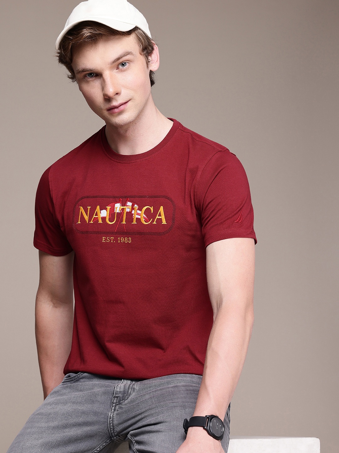 

Nautica Brand Logo Embroidered Pure Cotton T-shirt, Maroon