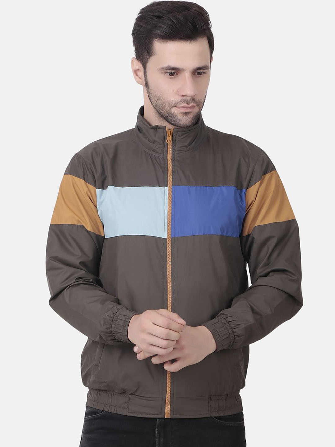 

WELL QUALITY Men Striped Windcheater Training or Gym Bomber Jacket, Brown