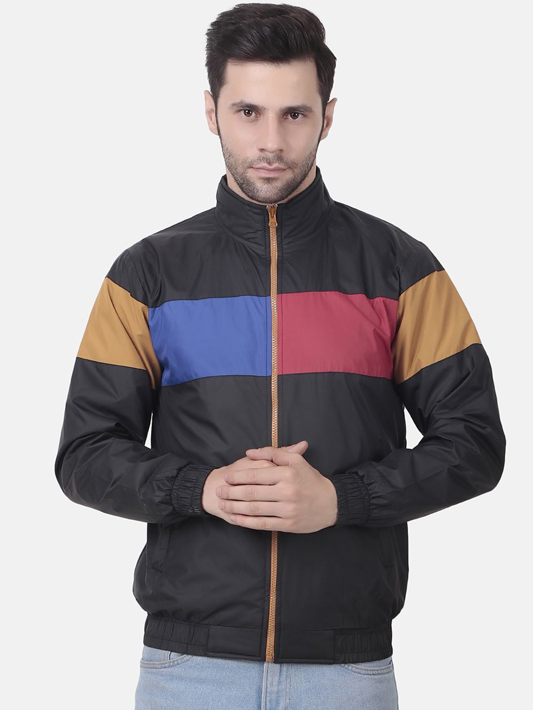 

WELL QUALITY Men Colourblocked Windcheater Training or Gym Bomber Jacket, Black