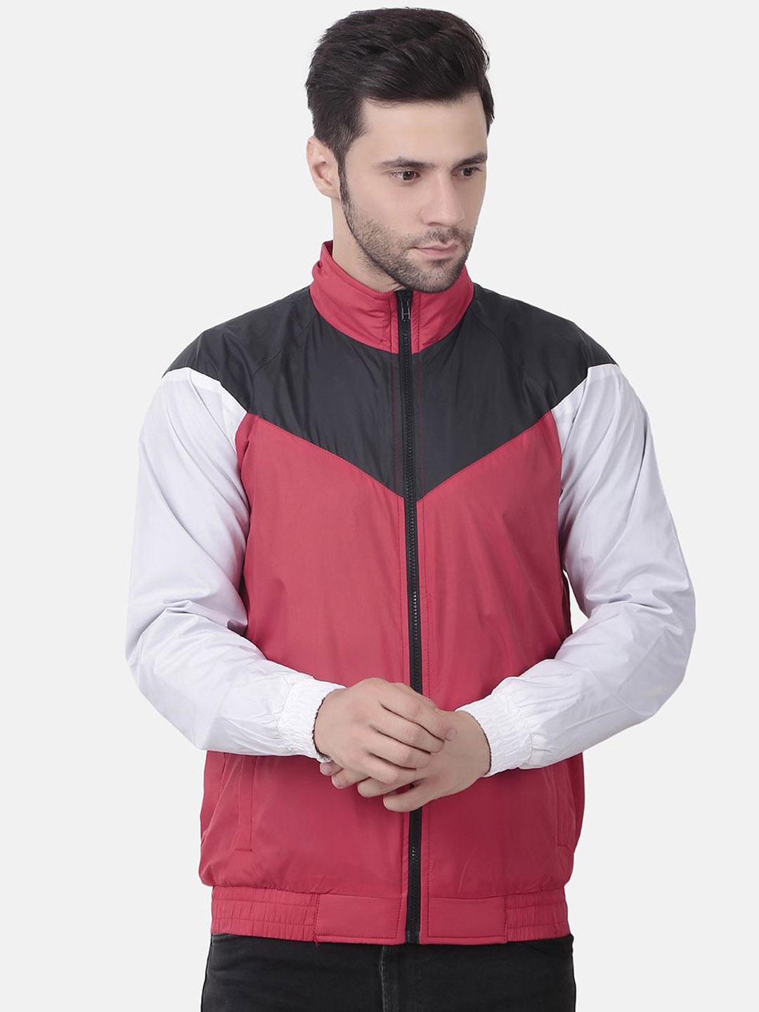 

WELL QUALITY Men Colourblocked Windcheater Training or Gym Bomber Jacket, Red