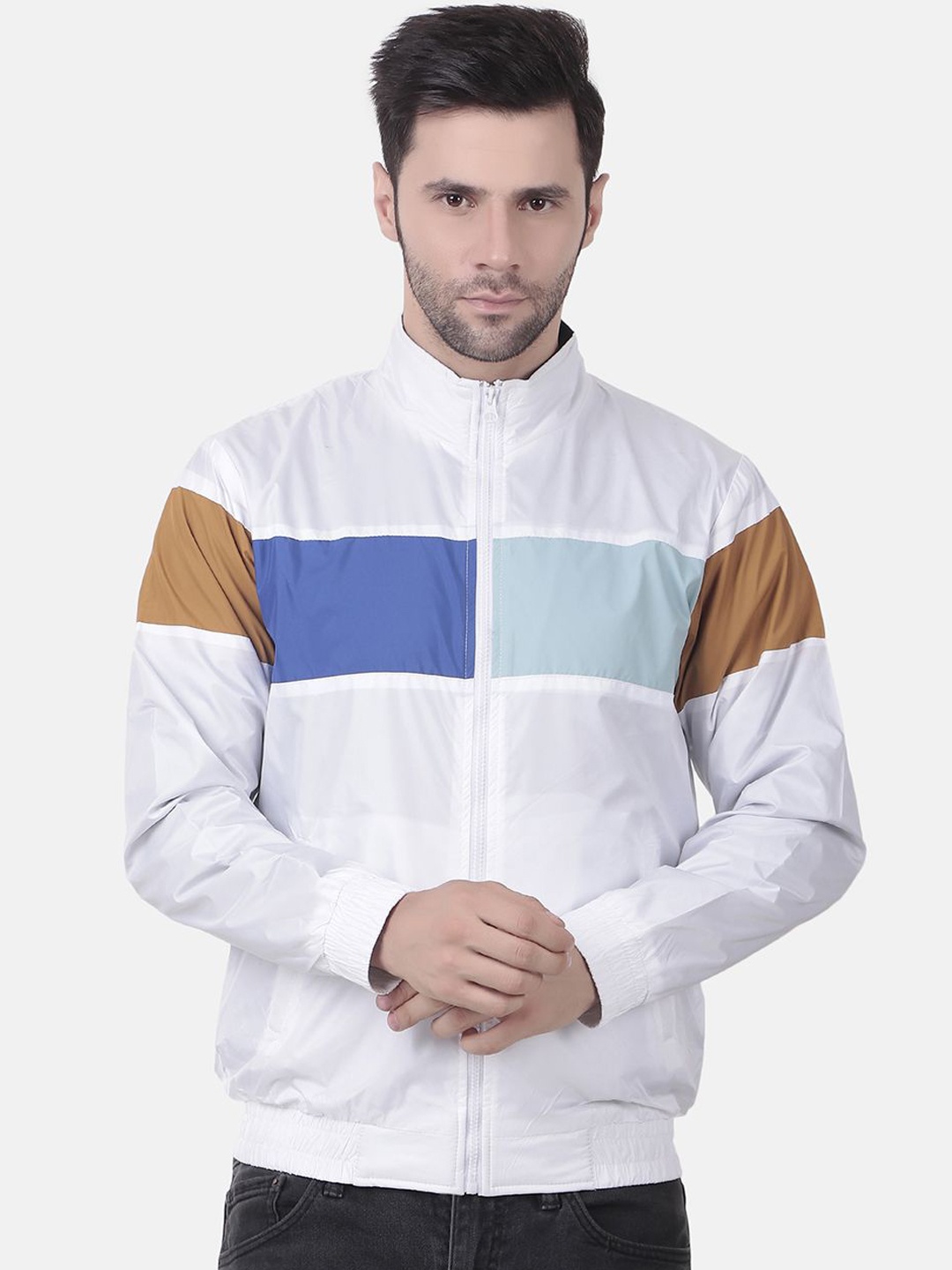 

WELL QUALITY Men Colourblocked Windcheater Training or Gym Bomber with Patchwork Jacket, White