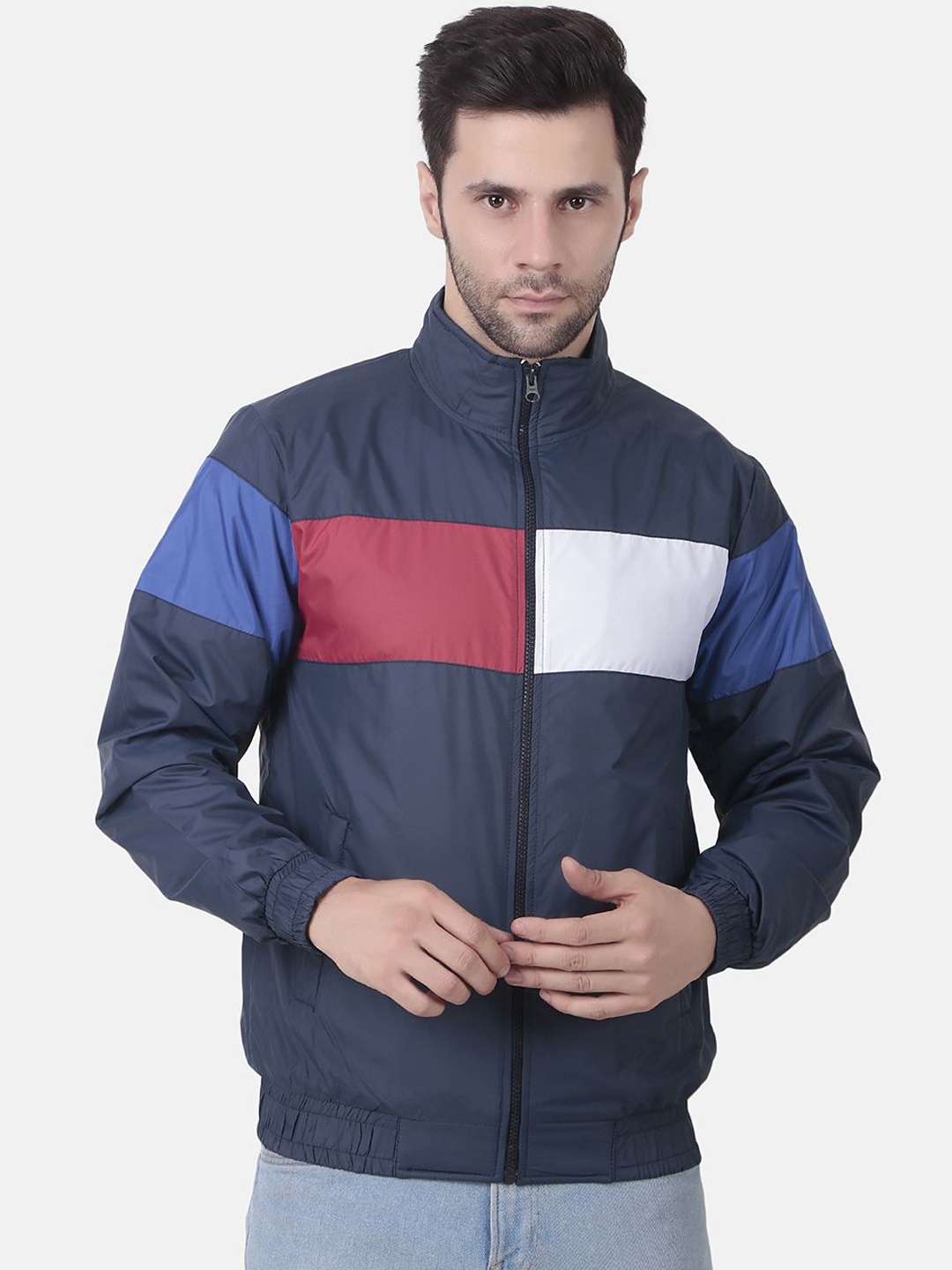 

WELL QUALITY Men Colourblocked Windcheater Padded Jacket, Blue