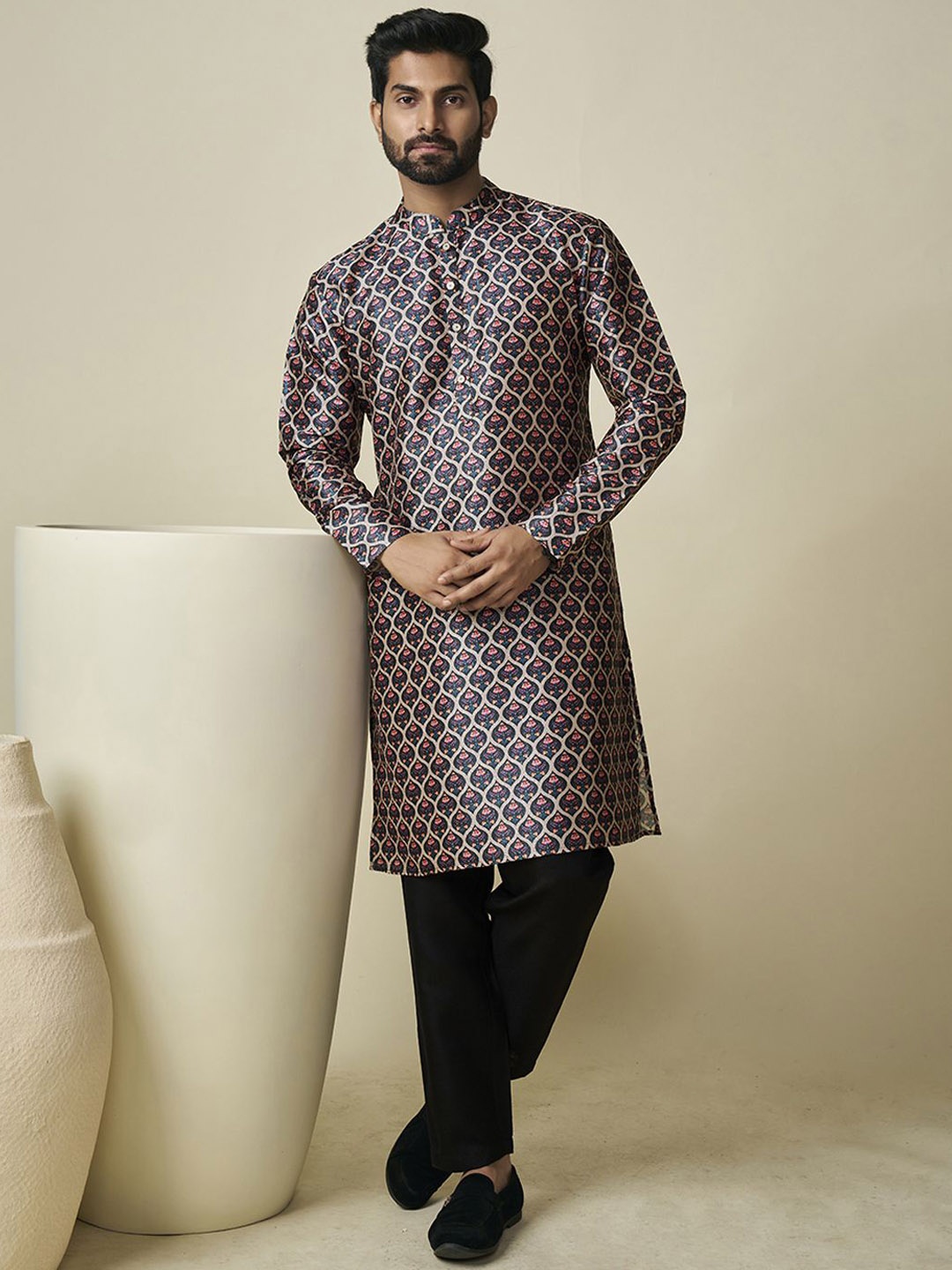 

Inddus Beige Mens Ethnic Motifs Digital Printed & Sequinned Kurta Set