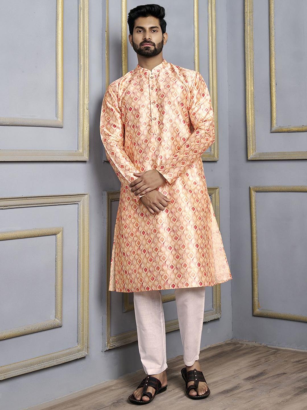 

Inddus Peach-Coloured Geometric Digital Printed Mandarin Collar Regular Kurta with Trouser