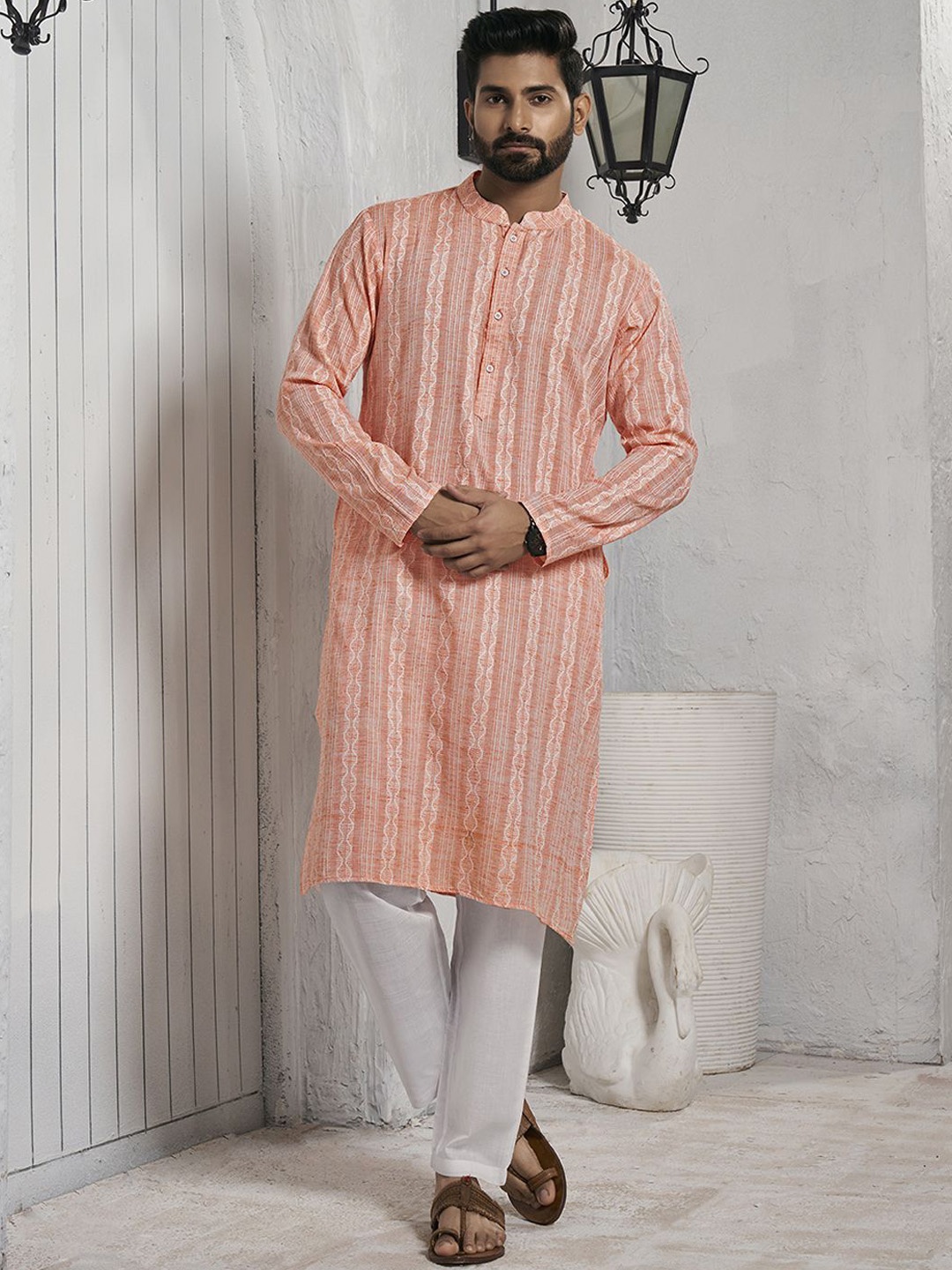 

Inddus Peach-Coloured Striped Woven Design Jacquard Weave Kurta with Trouser