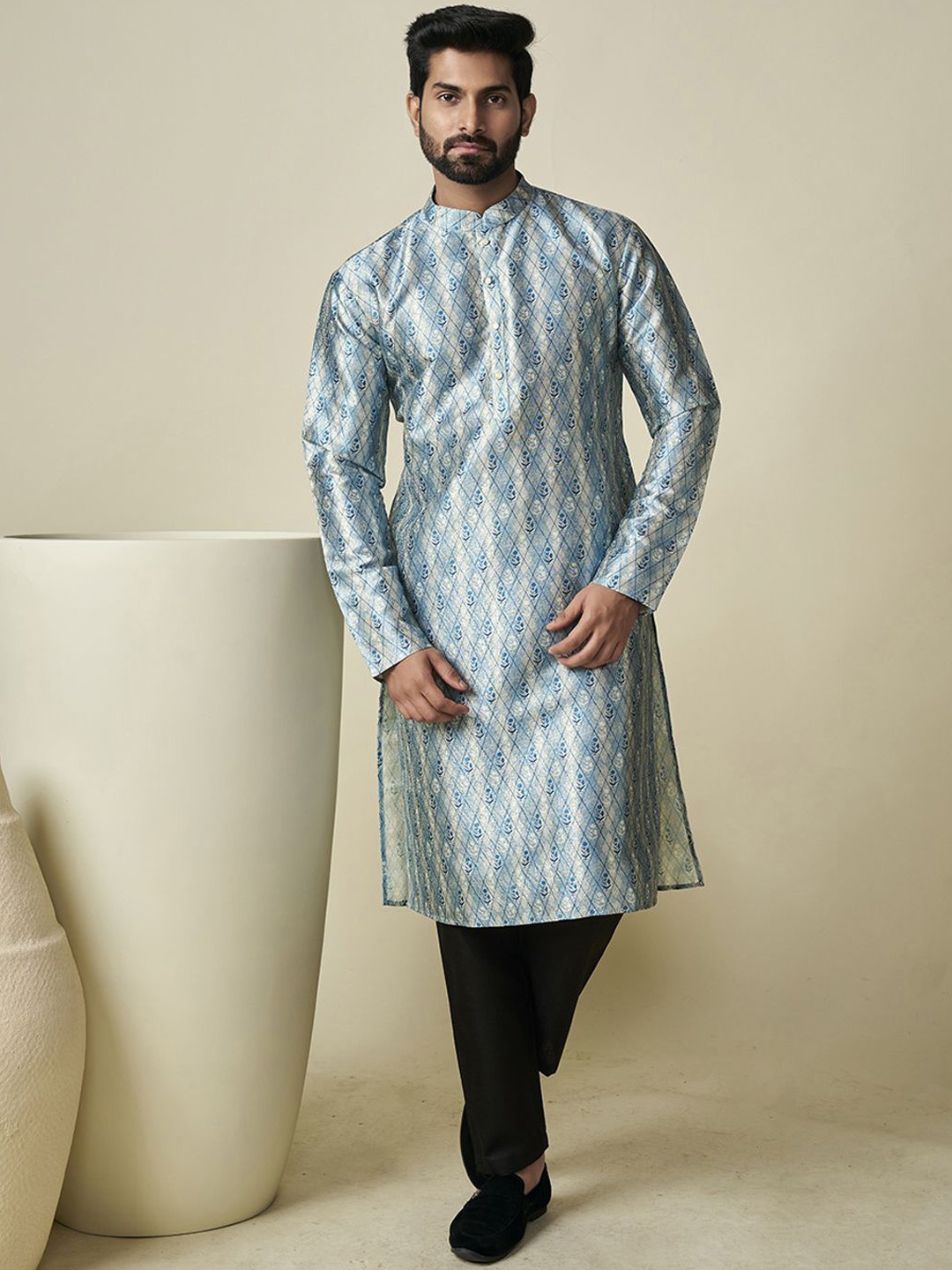 

Mens Ethnic Motifs Digital Printed And Sequinned Kurta Set, Blue