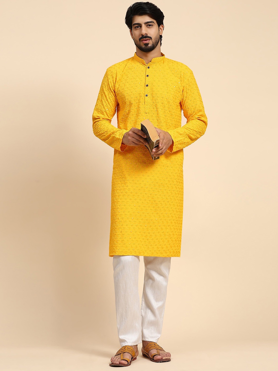 

Rawayi Floral Embroidered Chikankari Mandarin Collar Cotton Straight Kurta, Yellow