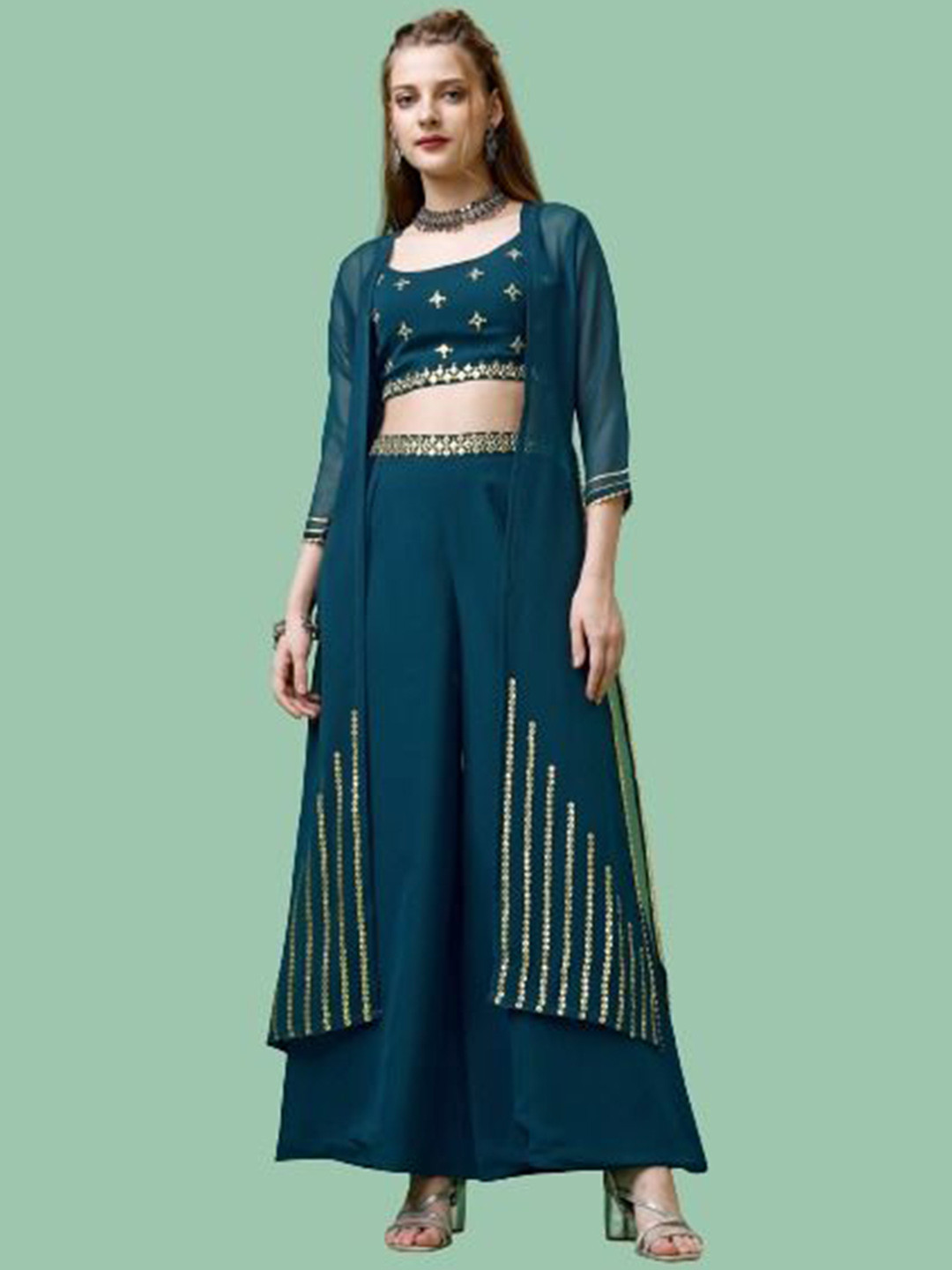 

KALINI Embroidered Georgette Blouse & Sharara With Shrug, Green