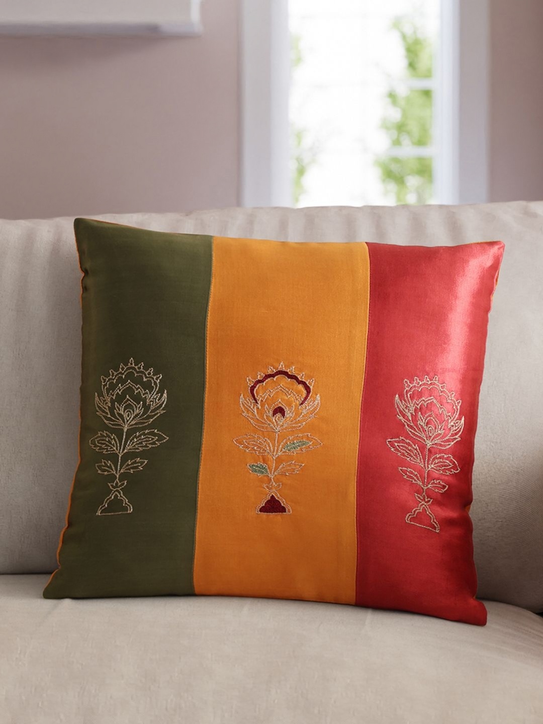 

Eyaas Green & Orange Ethnic Motifs Embroidered Square Cushion Covers