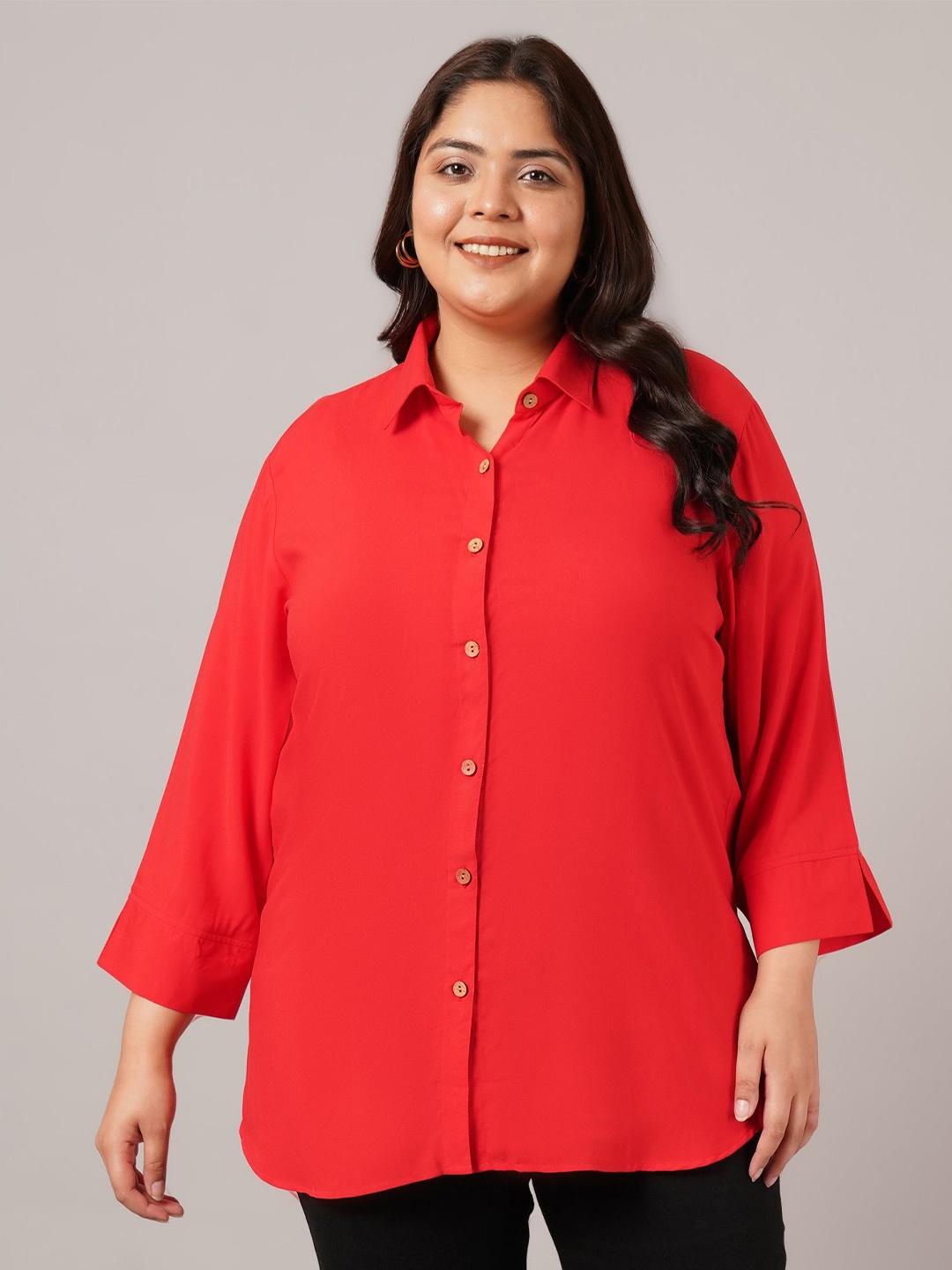 

VINAAN Women Plus Size Solid Opaque Casual Shirt, Red