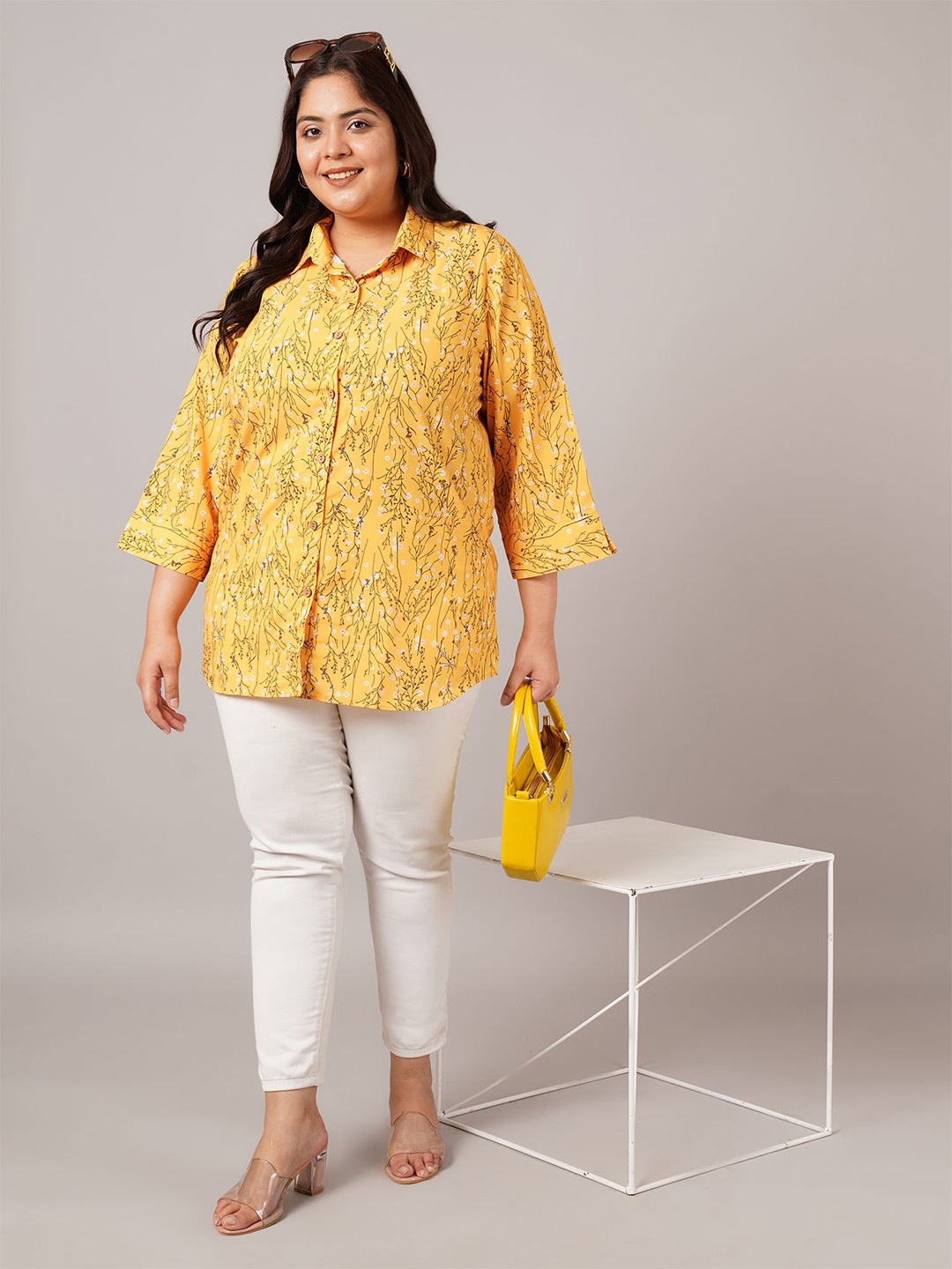 

VINAAN Women Opaque Printed Casual Shirt, Yellow