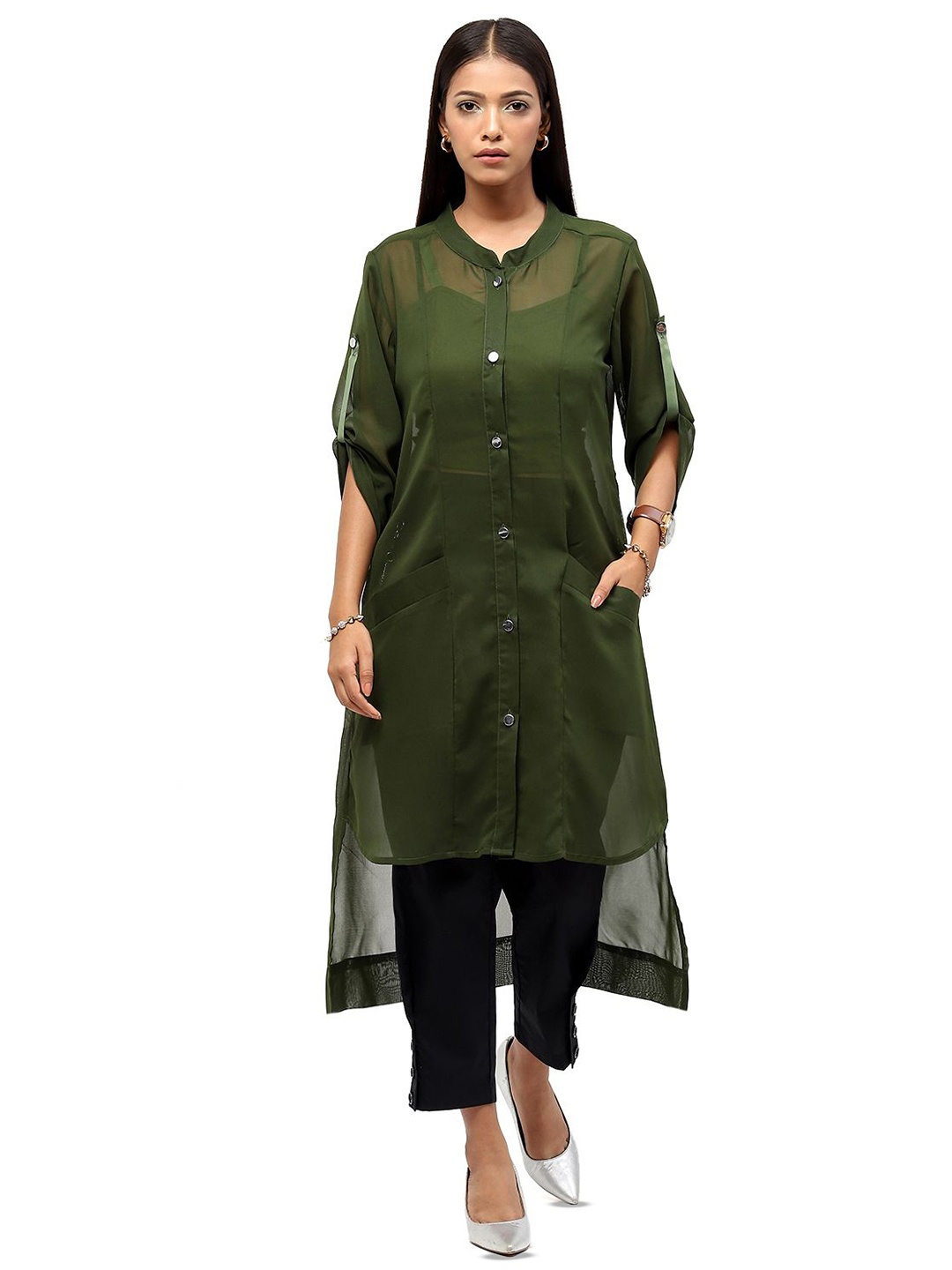 

Baawri Women Relaxed Semi Sheer Casual Shirt, Green
