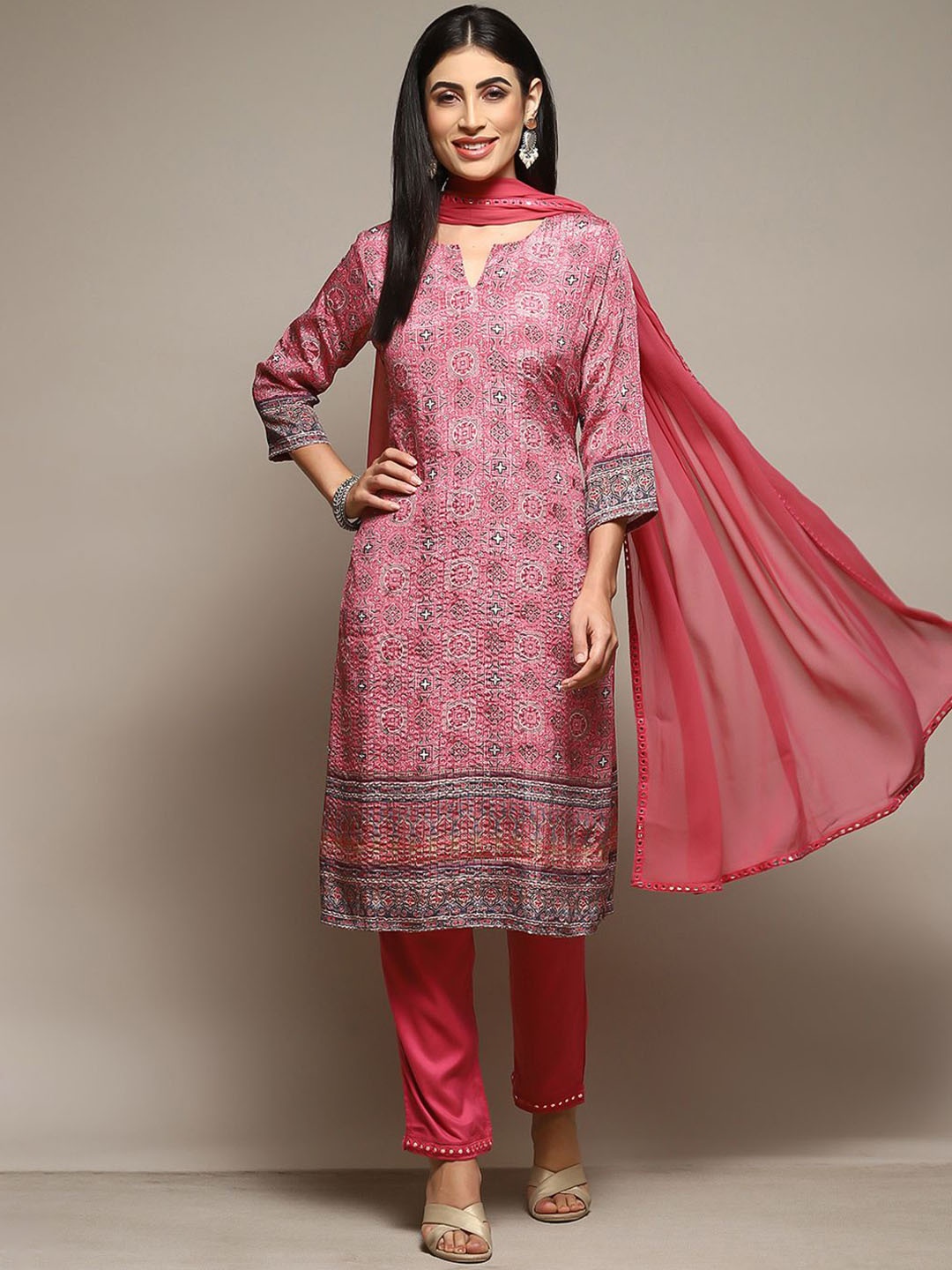 

Biba Geometric Printed Straight Kurta With Trousers & Dupatta, Pink