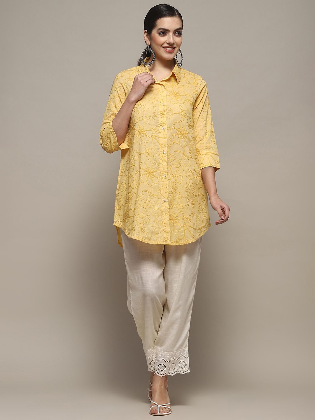 

Biba Floral Embroidered Shirt Collar Thread Work Pure Cotton Thread Work Kurti, Yellow