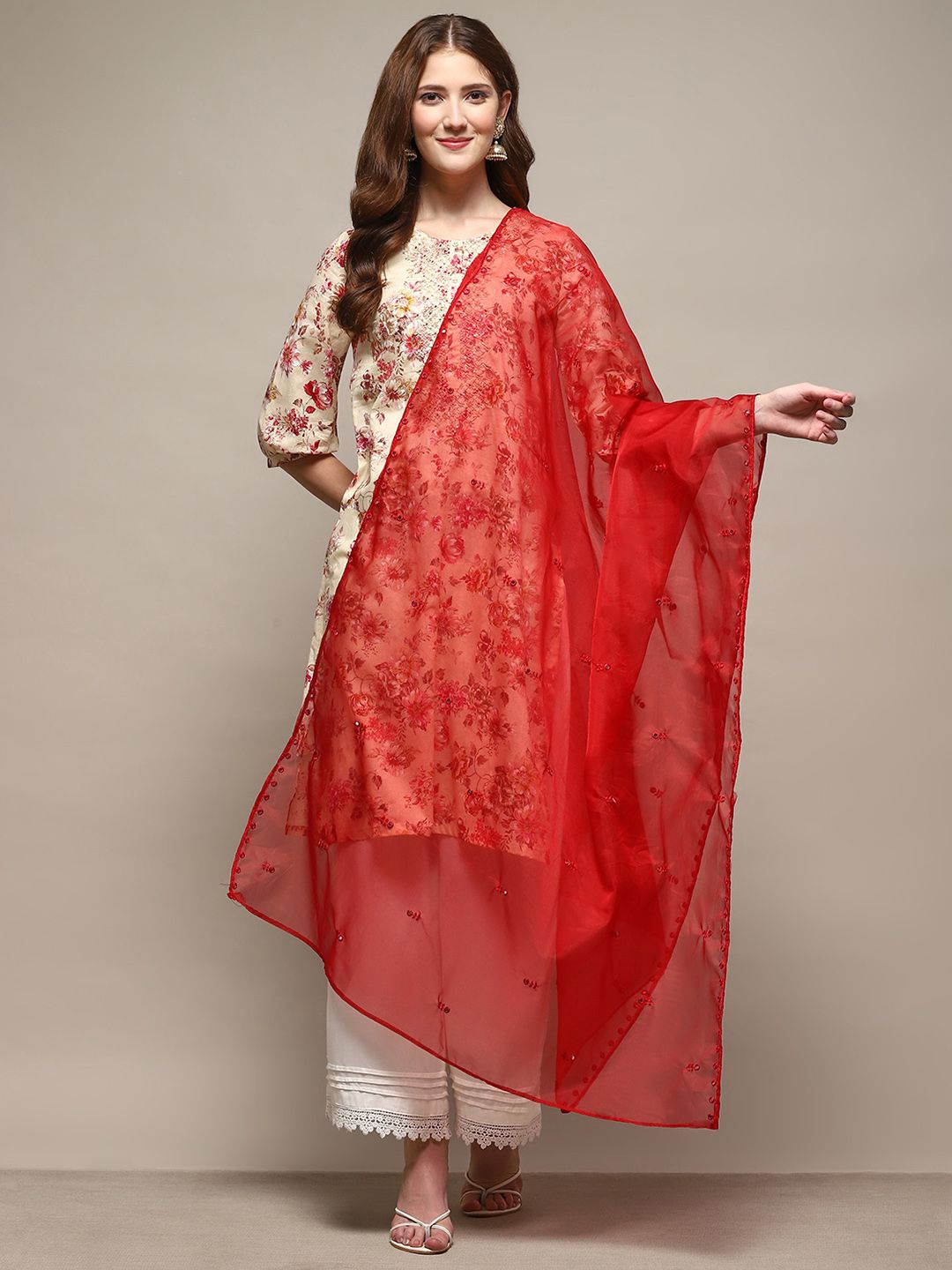 

Biba Floral Embroidered Mirror Work Dupatta, Red