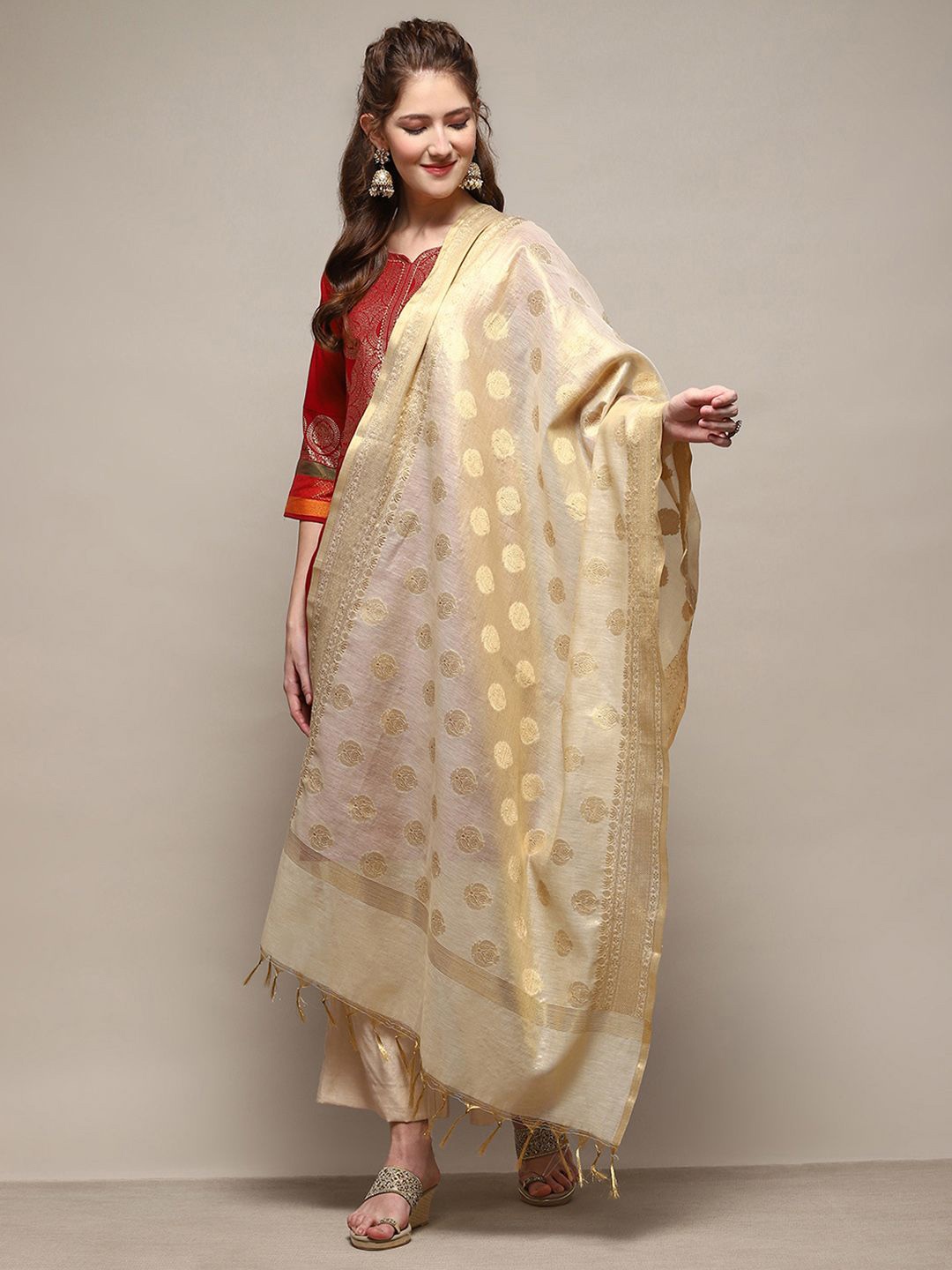 

Biba Ethnic Motifs Woven Design Zari Dupatta, Gold