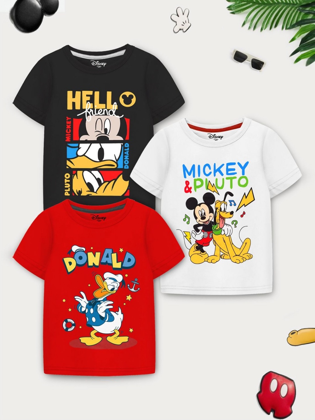 

YK Disney Boys Pack Of 3 Mickey & Donald Printed T-shirts, Black