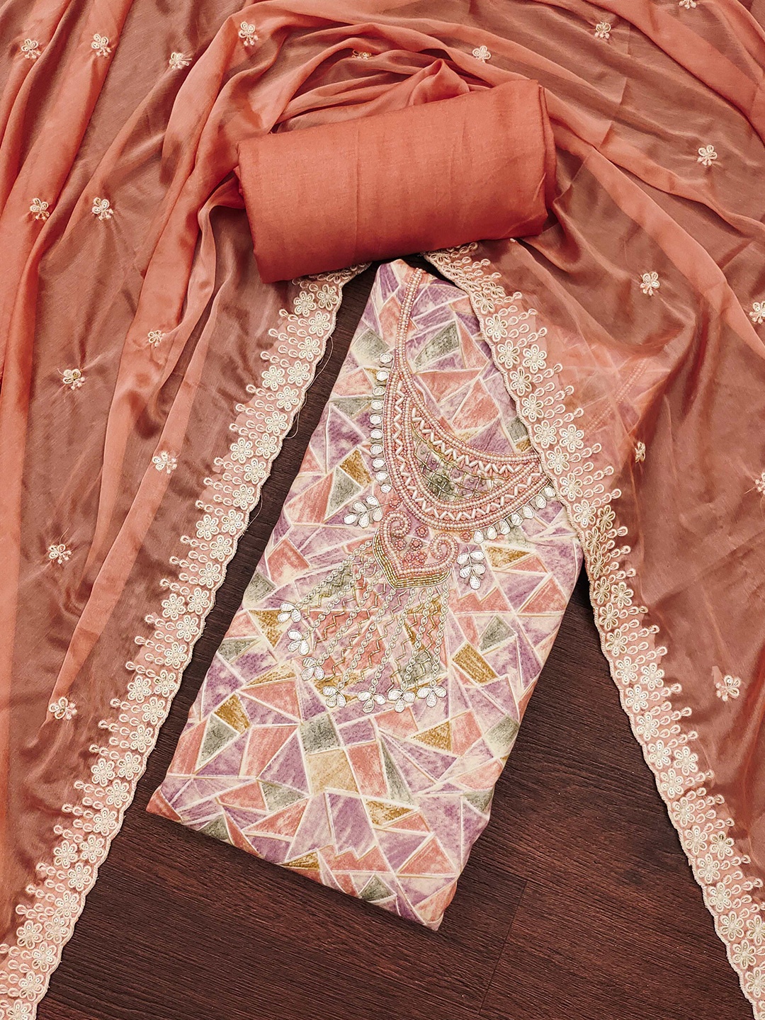 

MAHALASA Floral Embroidered Unstitched Dress Material, Peach