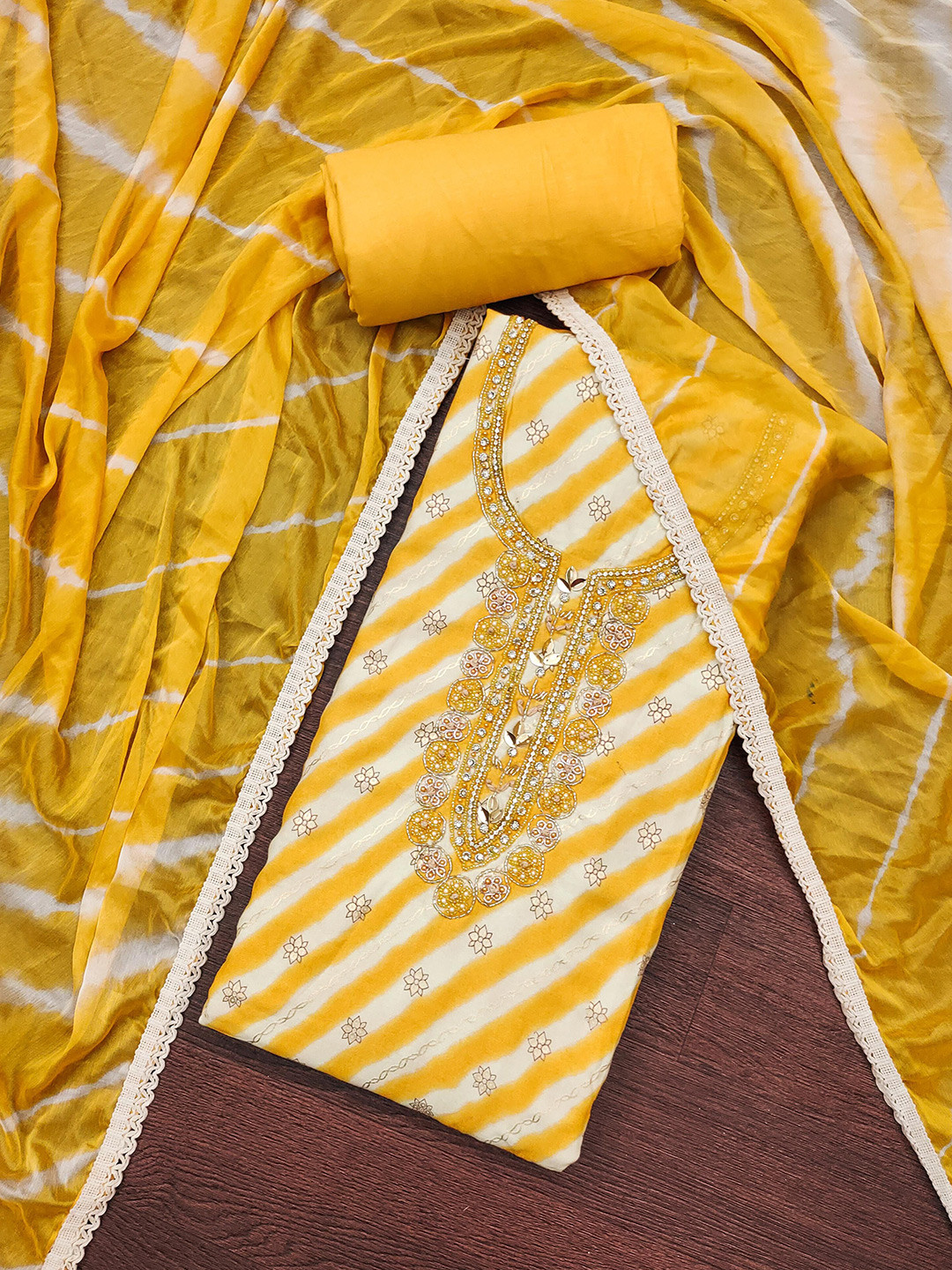 

MAHALASA Floral Printed Beads and Stones Unstitched Dress Material, Yellow