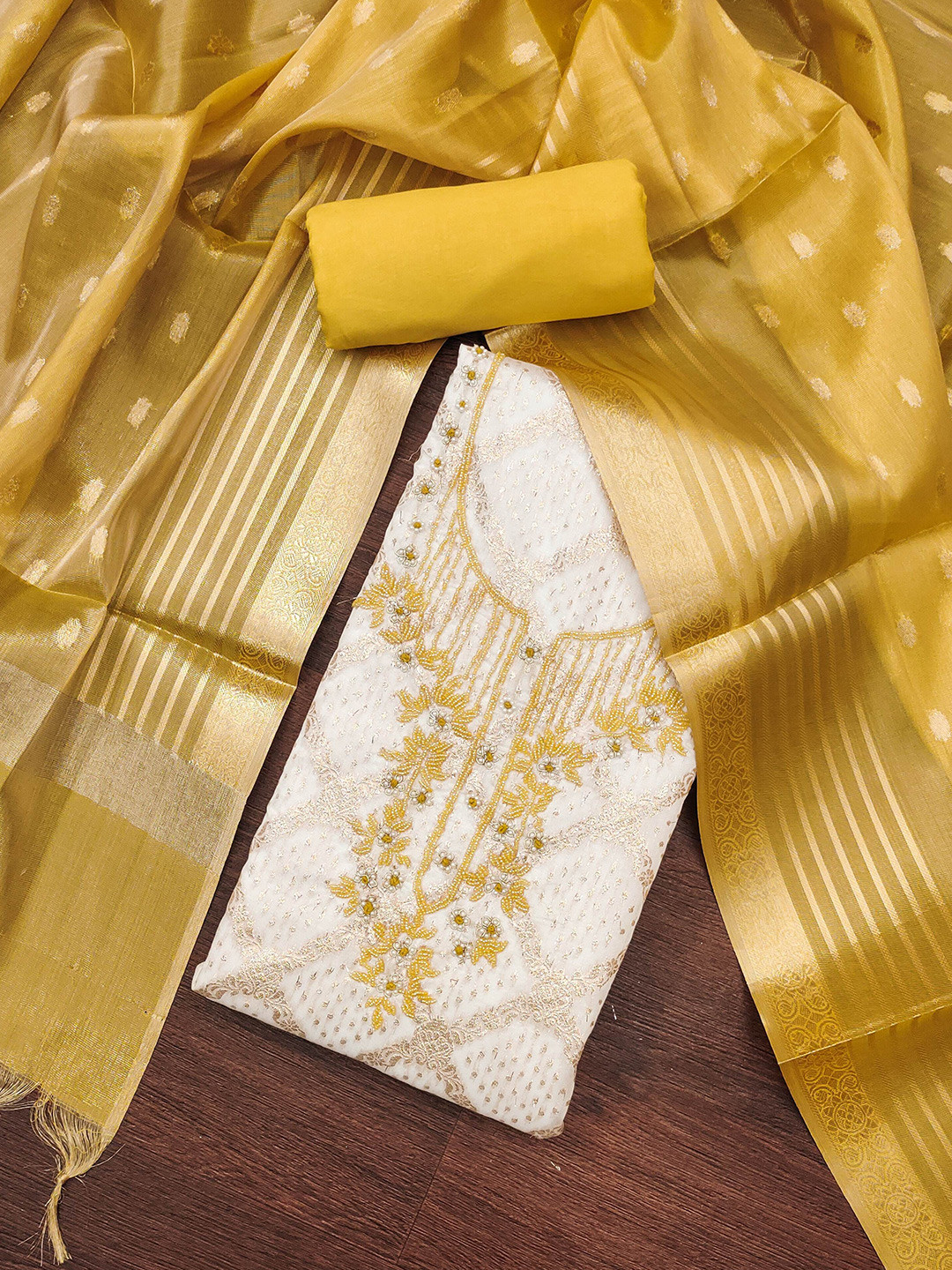 

MAHALASA Ethnic Motifs Embroidered Beads and Stones Unstitched Dress Material, Yellow