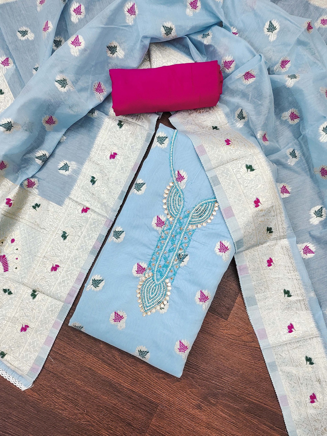 

MAHALASA Ethnic Motifs Woven Desgn Beads and Stones Unstitched Dress Material, Blue