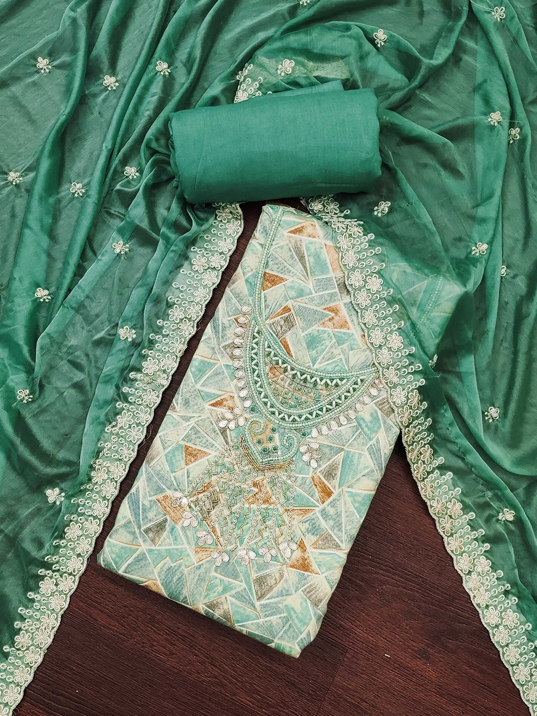 

MAHALASA Floral Embroidered Unstitched Dress Material, Turquoise blue