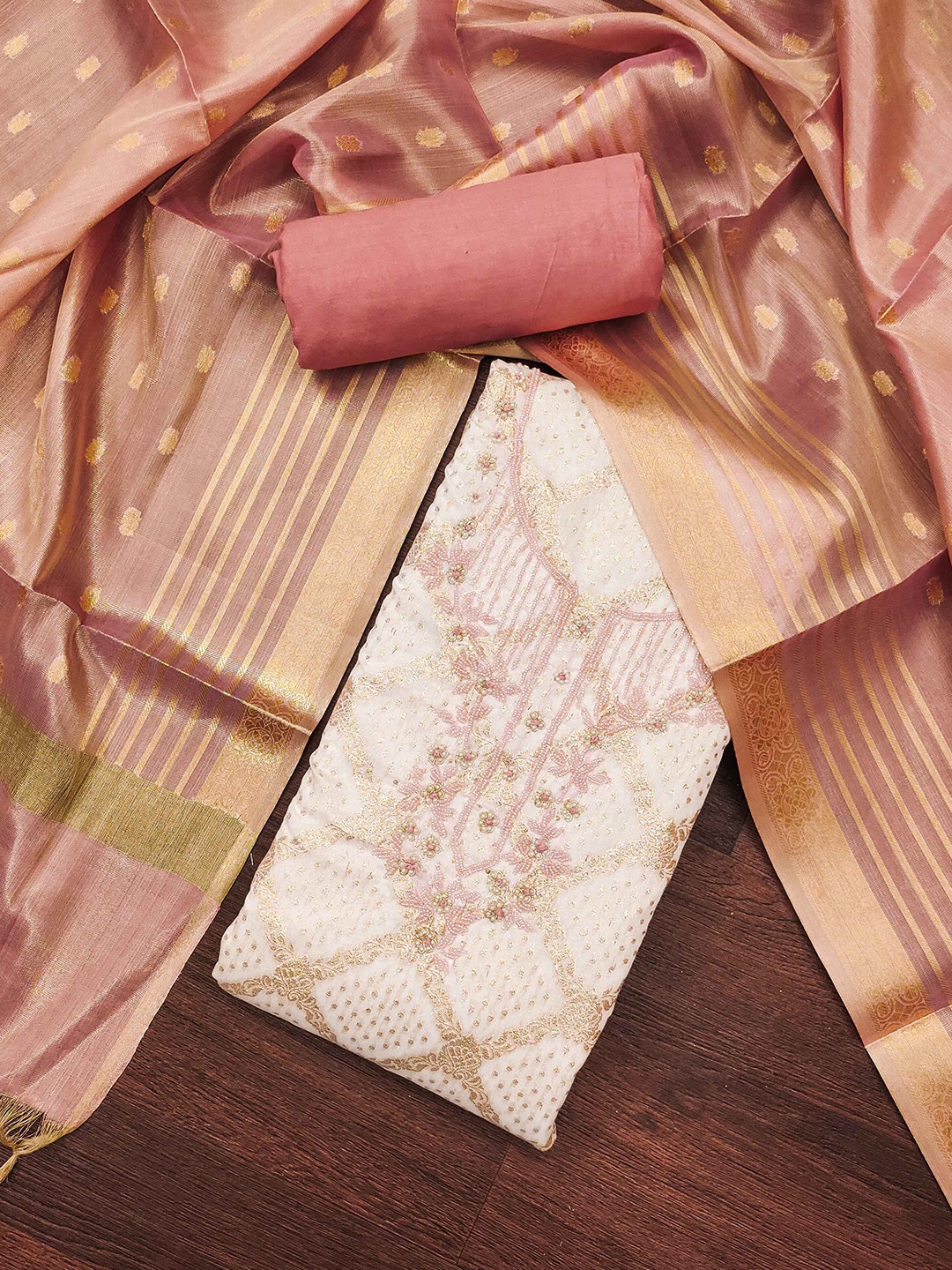 

MAHALASA Ethnic Motifs Woven Design Beads & Stones Unstitched Dress Material, Peach