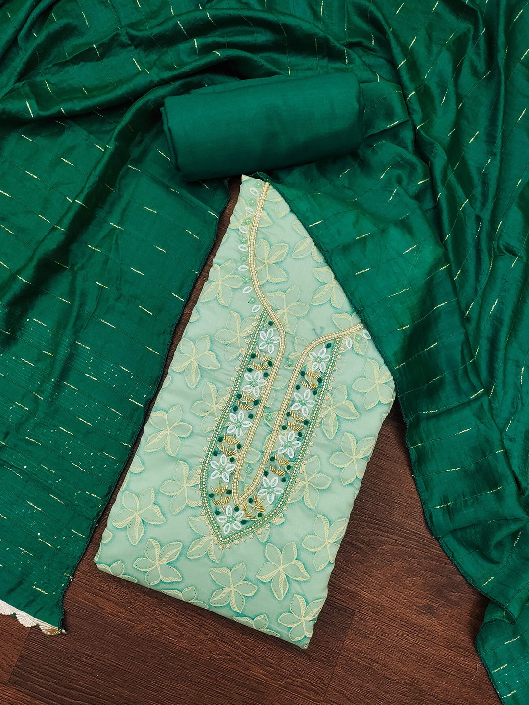 

MAHALASA Floral Printed Beads and Stones Unstitched Dress Material, Turquoise blue