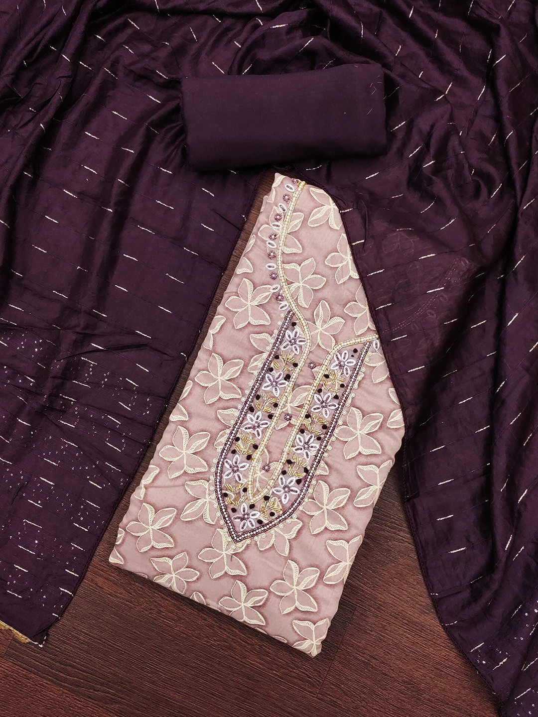 

MAHALASA Floral Printed Beads and Stones Unstitched Dress Material, Purple