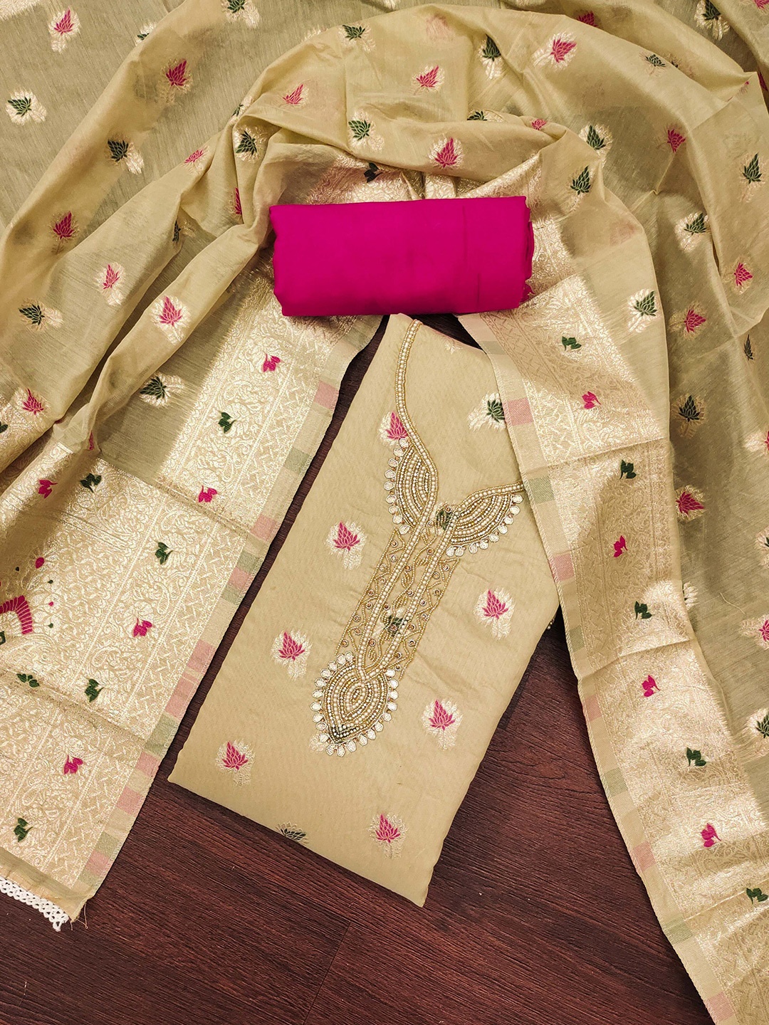 

MAHALASA Floral Woven Design Beads and Stones Unstitched Dress Material, Olive