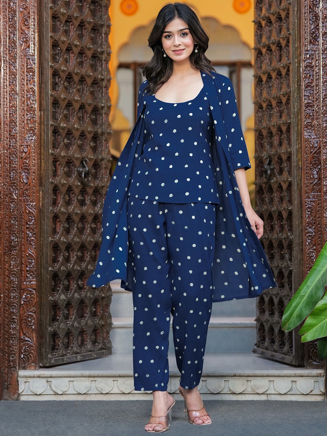 

BAESD Polka Dots Printed Shoulder Straps Top With Trousers & Shrug, Blue