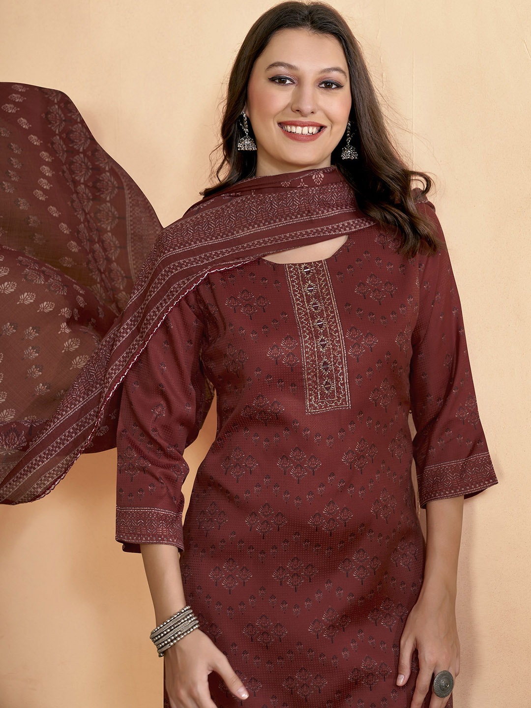 

Anouk Maroon Ethnic Motifs Printed Regular Mirror Work Kurta With Trousers & Dupatta