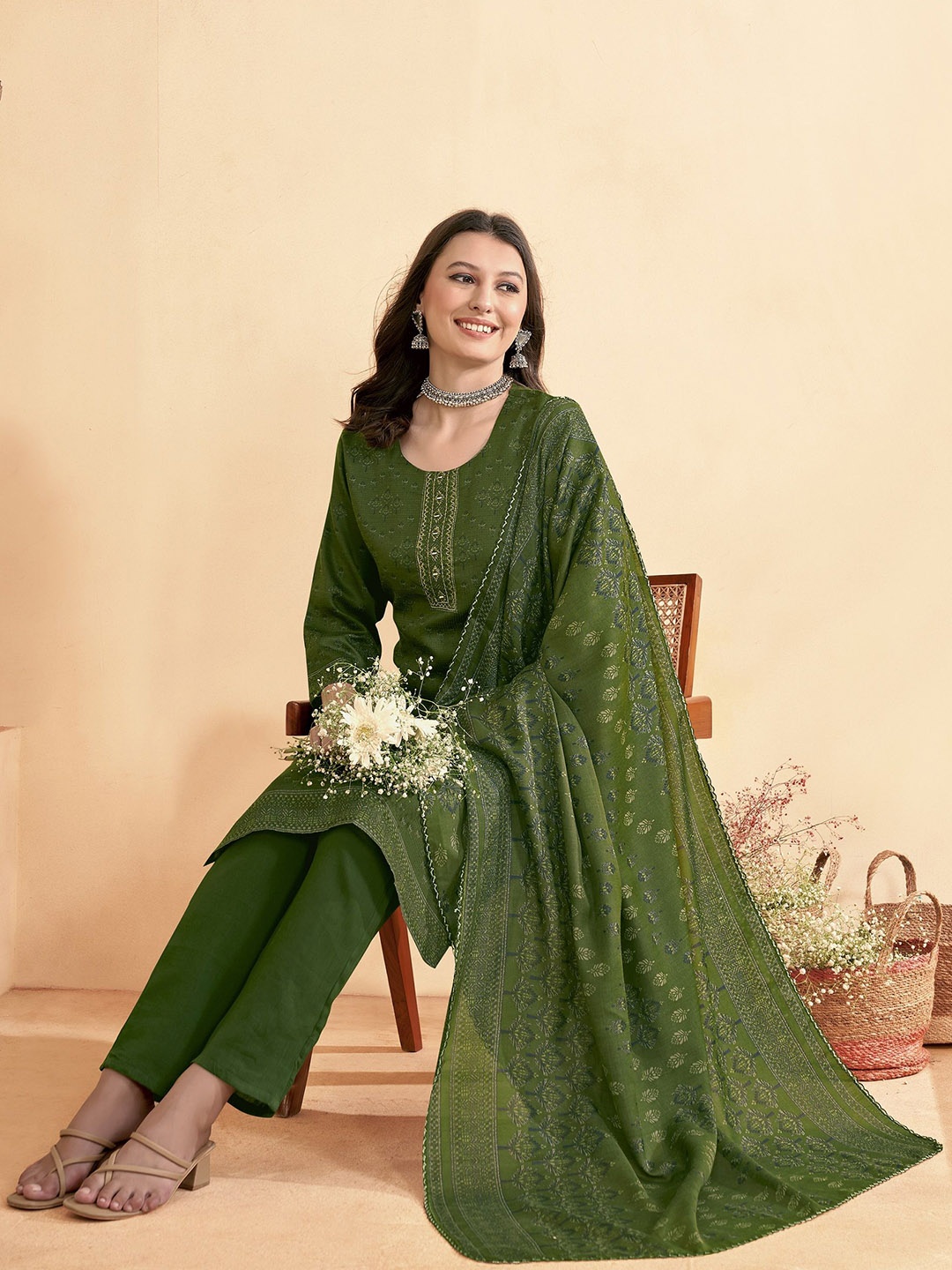Anouk Green Ethnic Motifs Printed Regular Mirror Work Kurta With Trousers & Dupatta