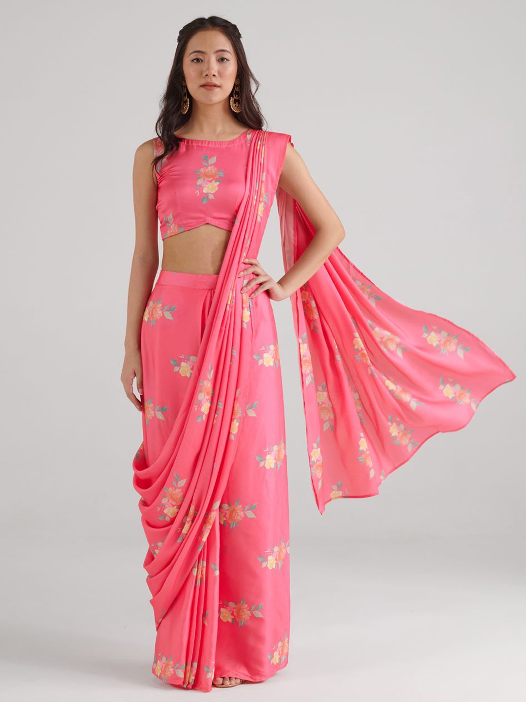 

Pasha Satin Ready To Wear Floral Dhoti Saree, Pink