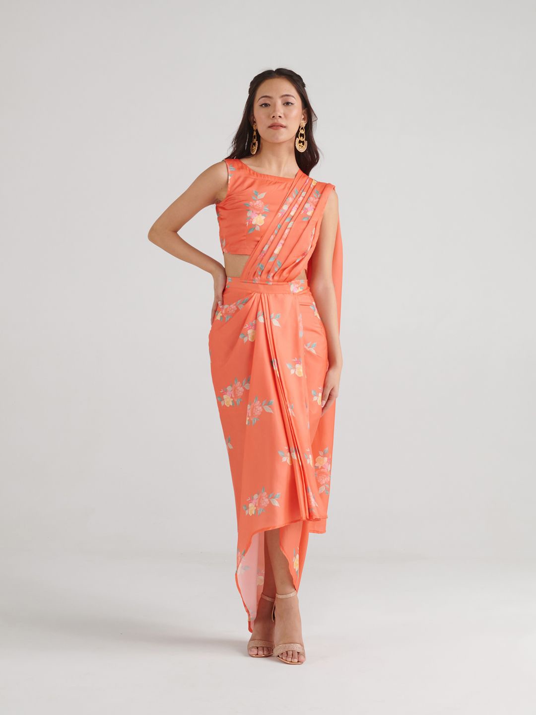 

Pasha Floral Printed Ready to Wear Saree, Orange