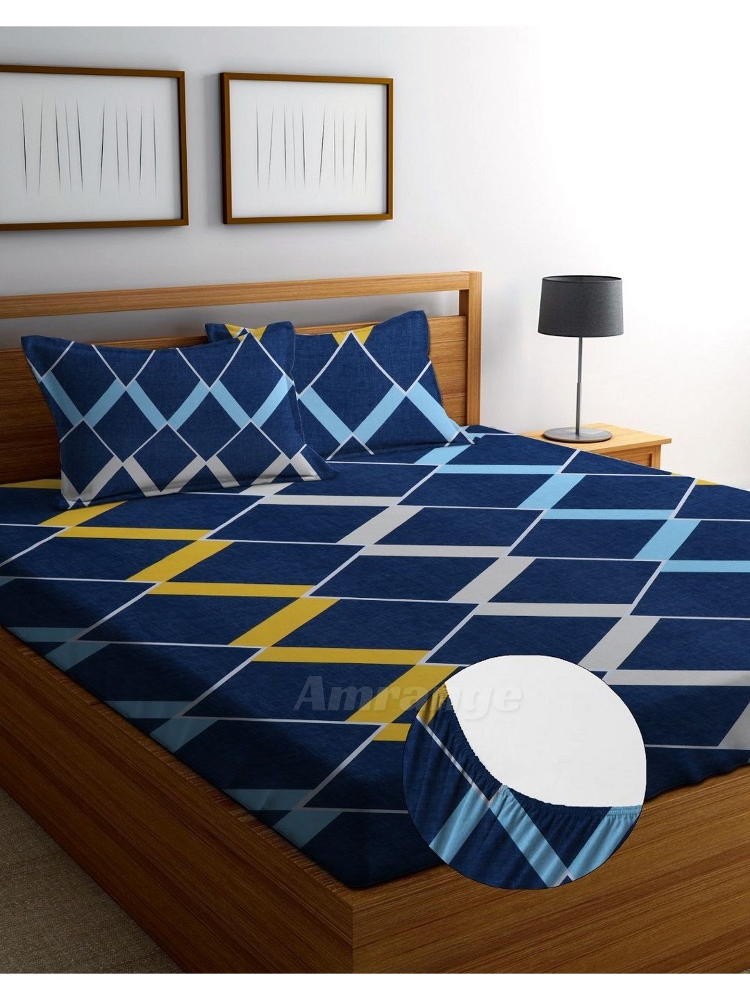 

AMRANGE Blue & Yellow Geometric Fitted 250 TC King Bedsheet with 2 Pillow Covers
