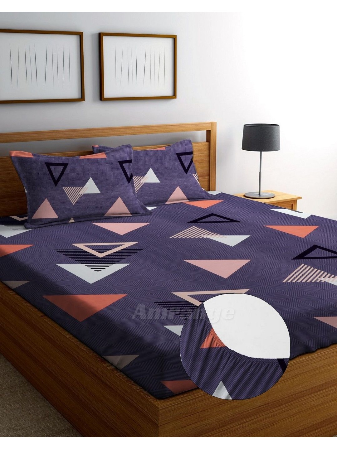 

AMRANGE Purple & Pink Geometric Fitted 250 TC King Bedsheet with 2 Pillow Covers