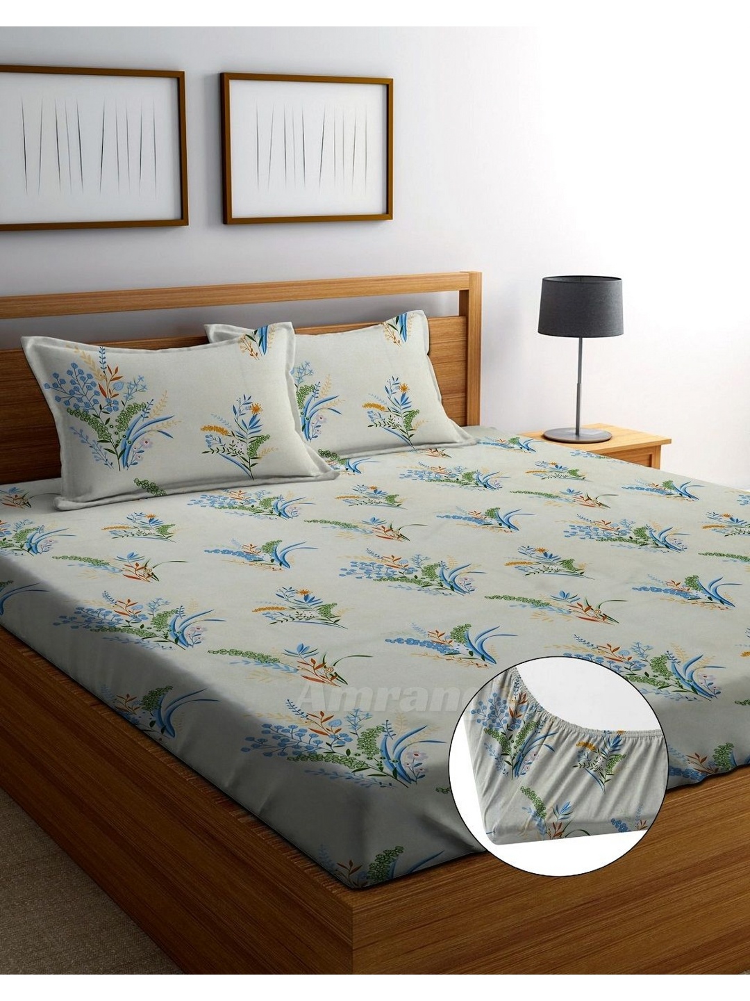 

AMRANGE White & Blue Floral Fitted 250 TC King Bedsheet with 2 Pillow Covers
